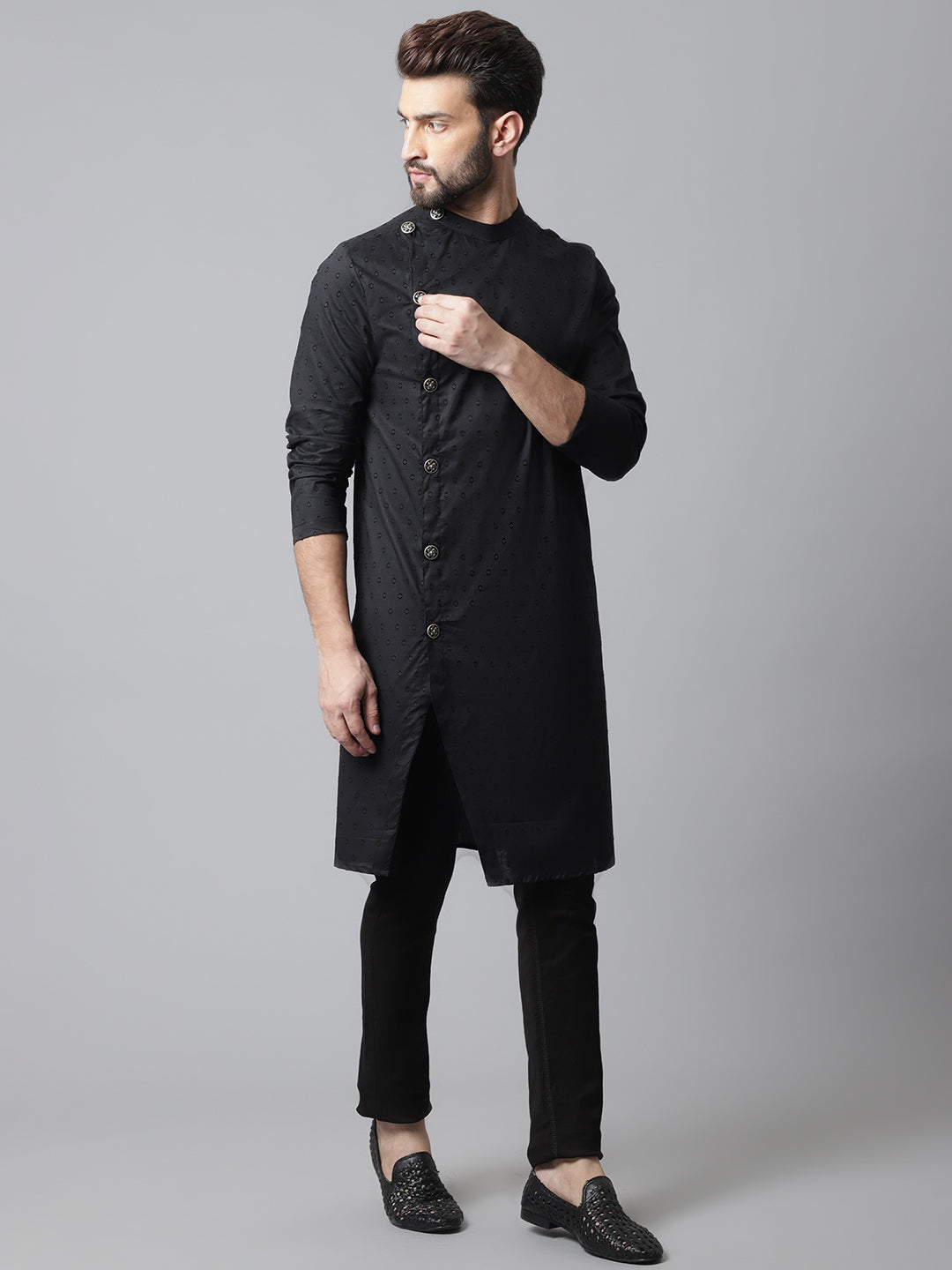 Even Apparels Black Sherwani Kurta With Asymetrical Cut 