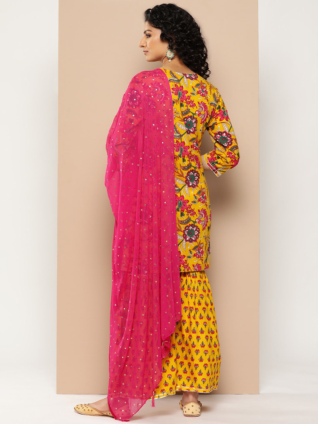 KSUT (House of Varanga) Yellow & Pink Floral Printed Kurta with Gota Work With Sharara & Dupatta