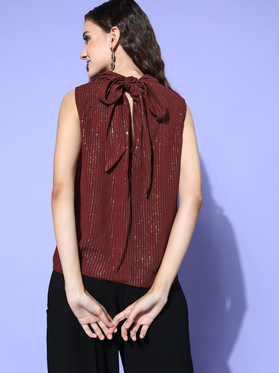 InWeave Women's Maroon Lurex Tie Up Top 