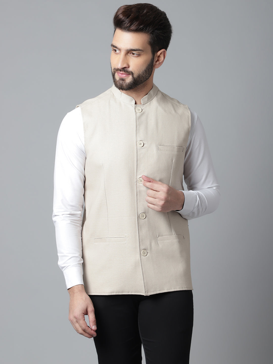 Even Apparels Men's Cream Nehru Jacket With Welt Pockets 