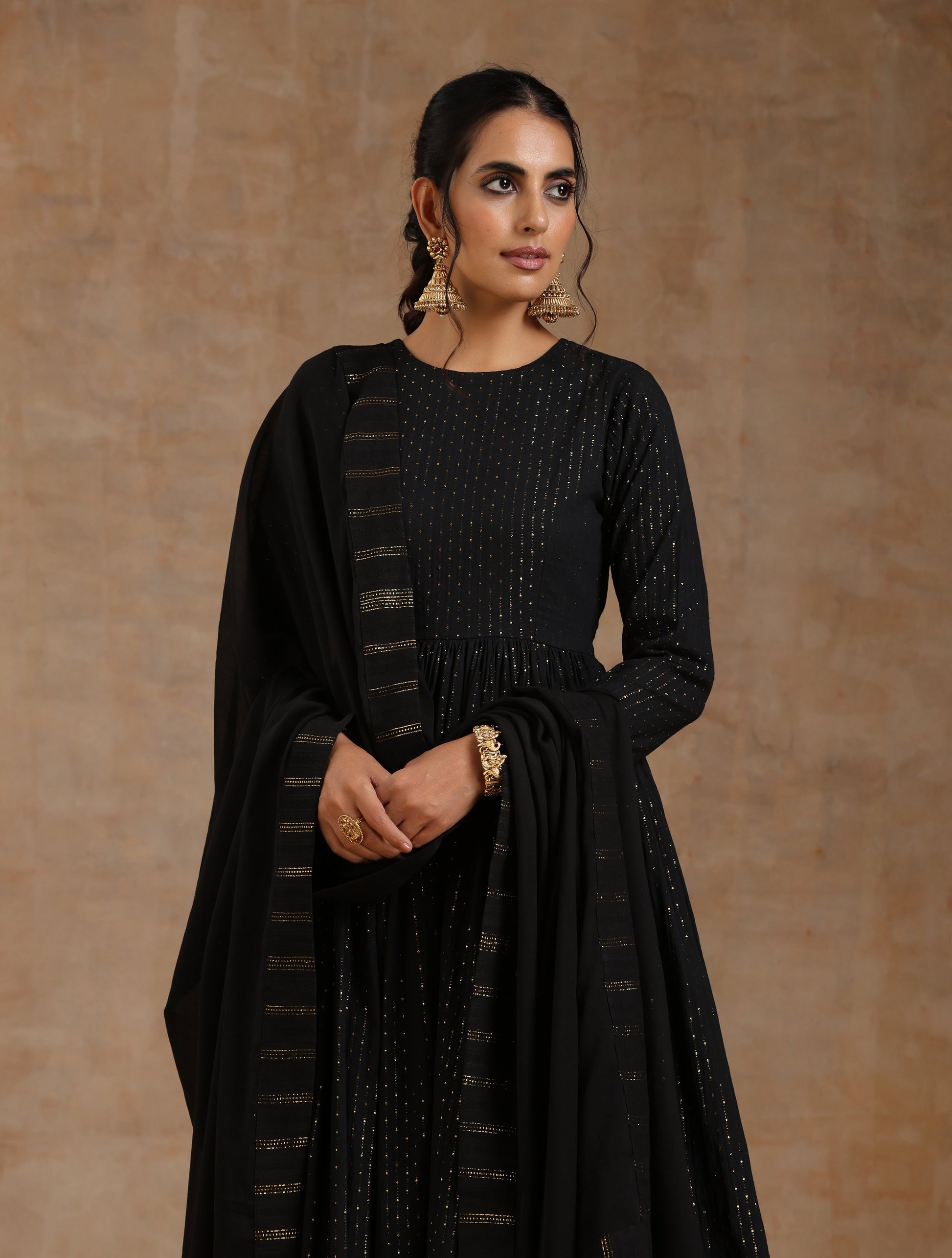 trueBrowns Black Gold Cotton Anarkali Set 
