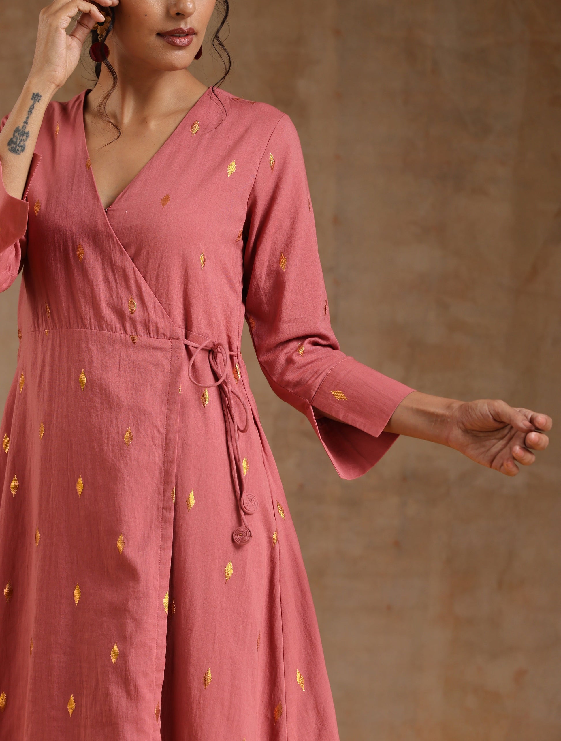 trueBrowns Blush Gold Cotton Angrakha Kurta Set 