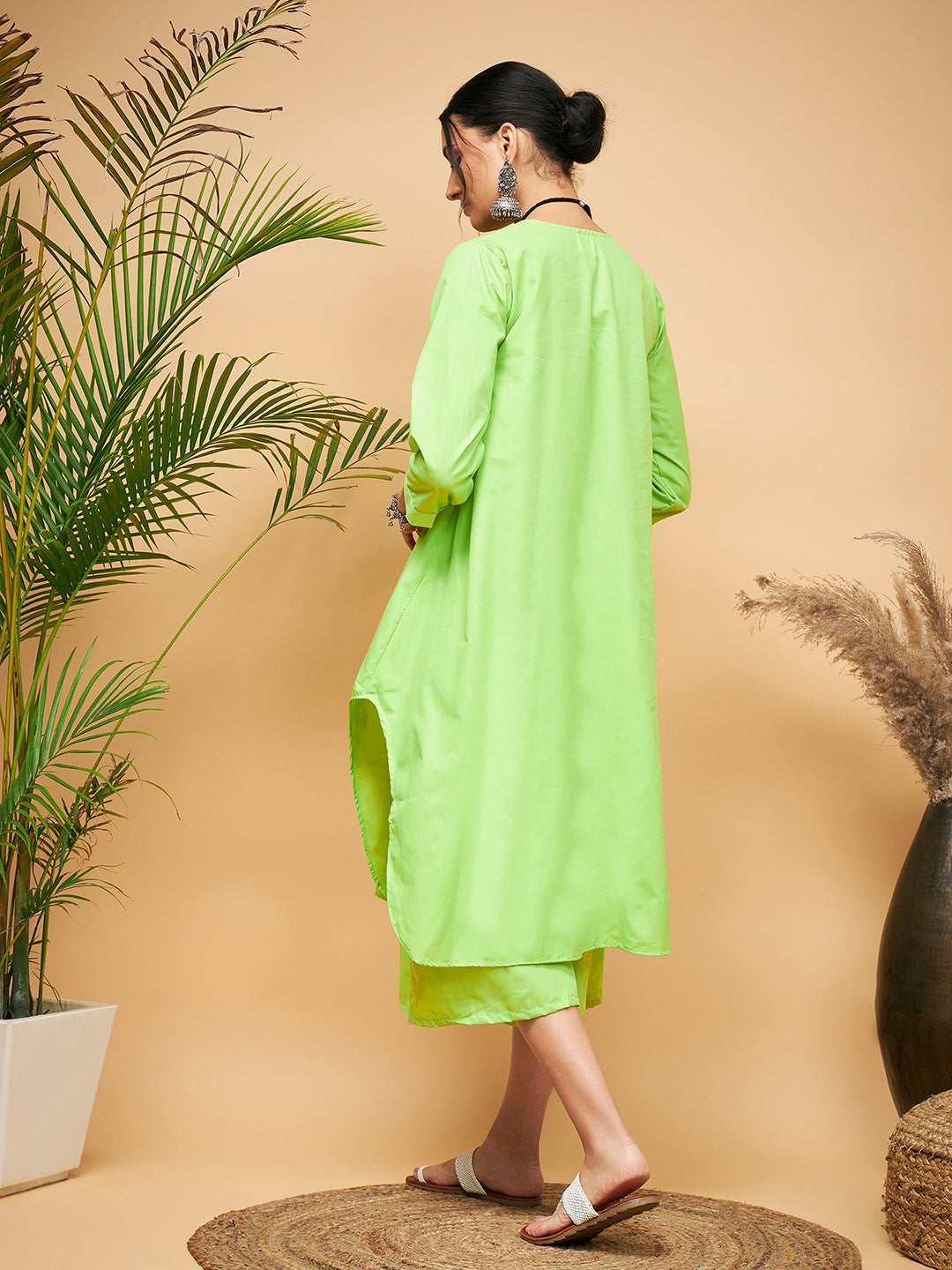 InWeave Women's Lime Green Flared Kurta Palazzo Set 