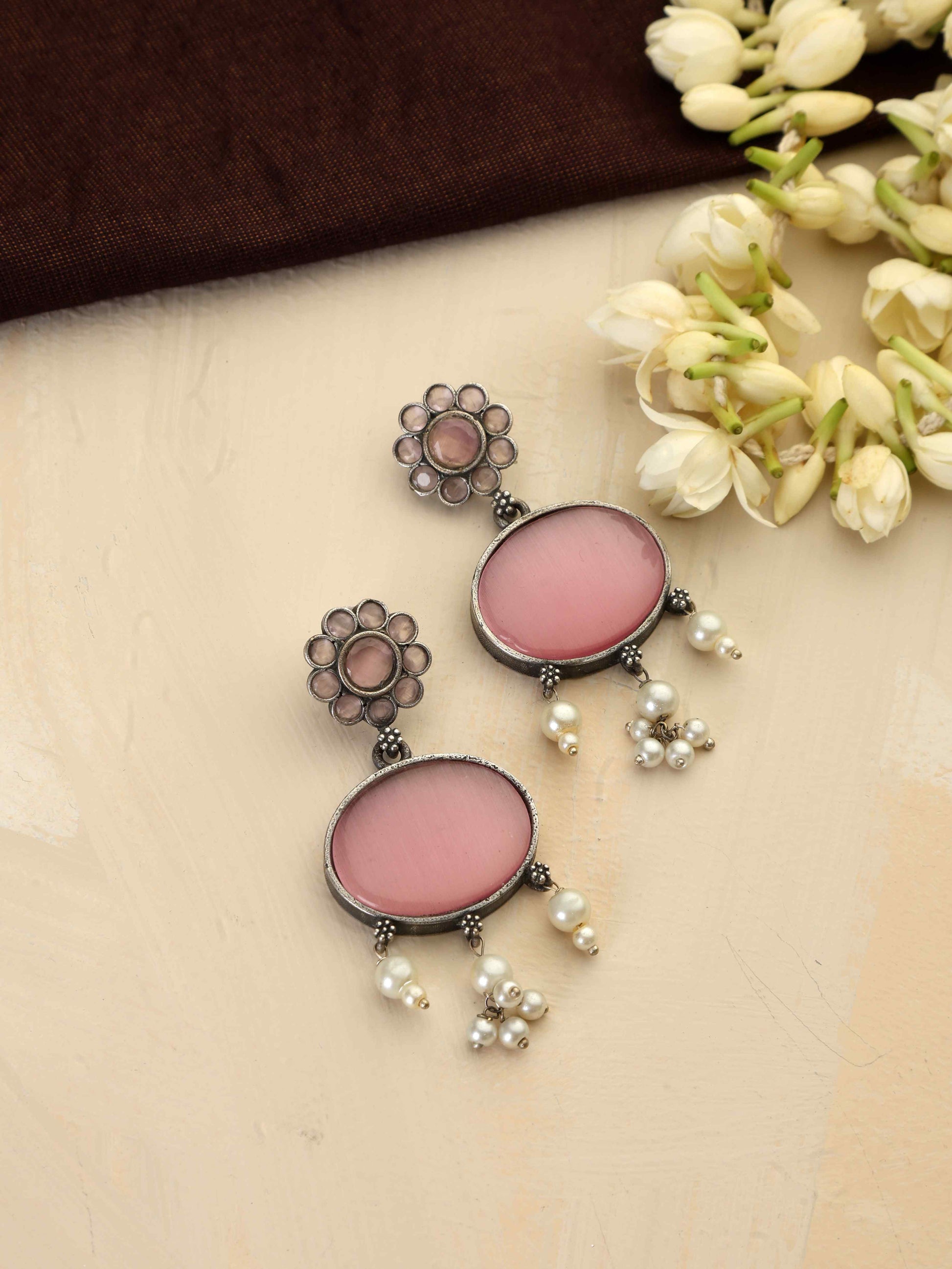 trueBrowns Silver Tone Pink Stone Dangle Earrings Truebrowns Lifestyle