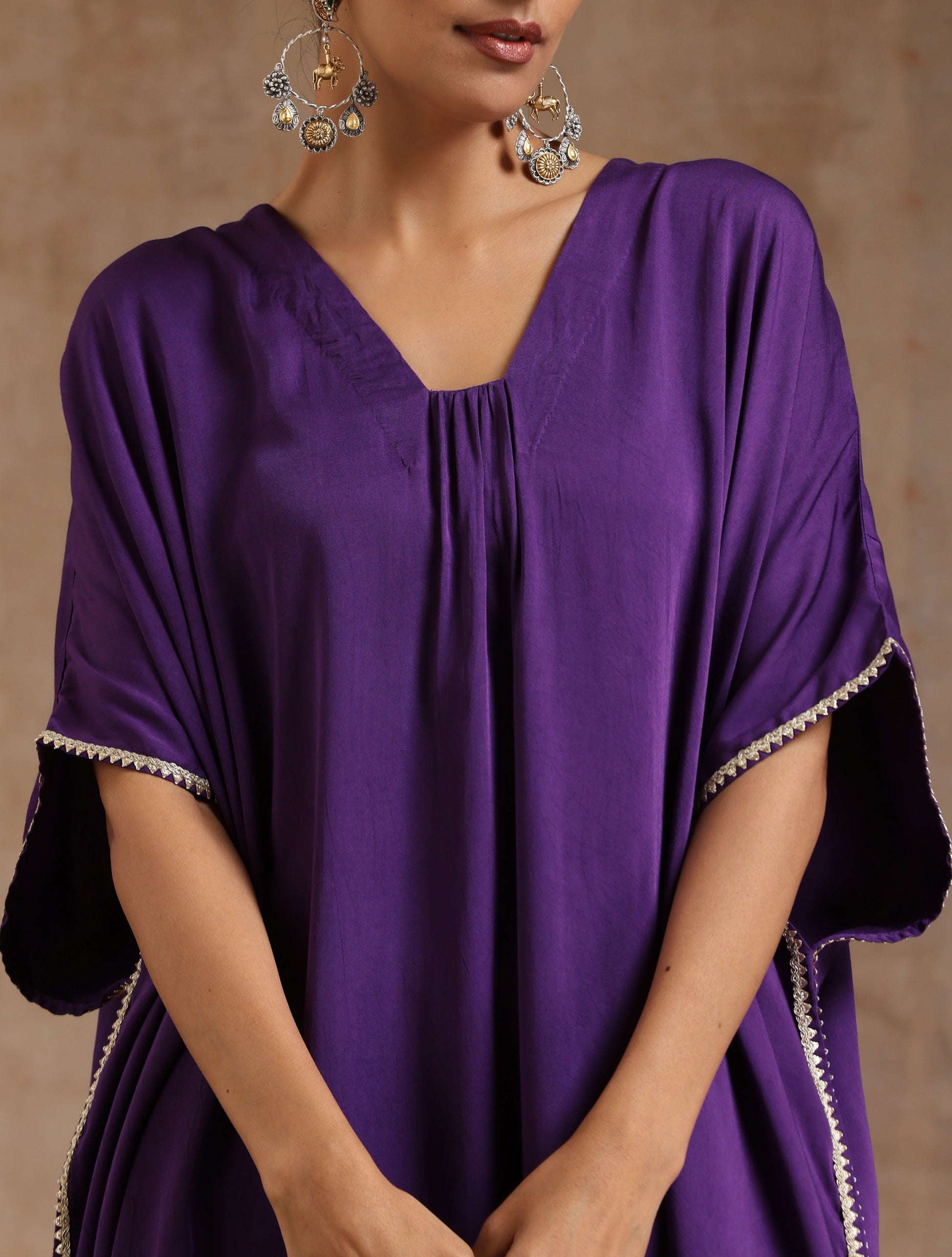trueBrowns Violet Modal Satin Kaftan Kurta Set 