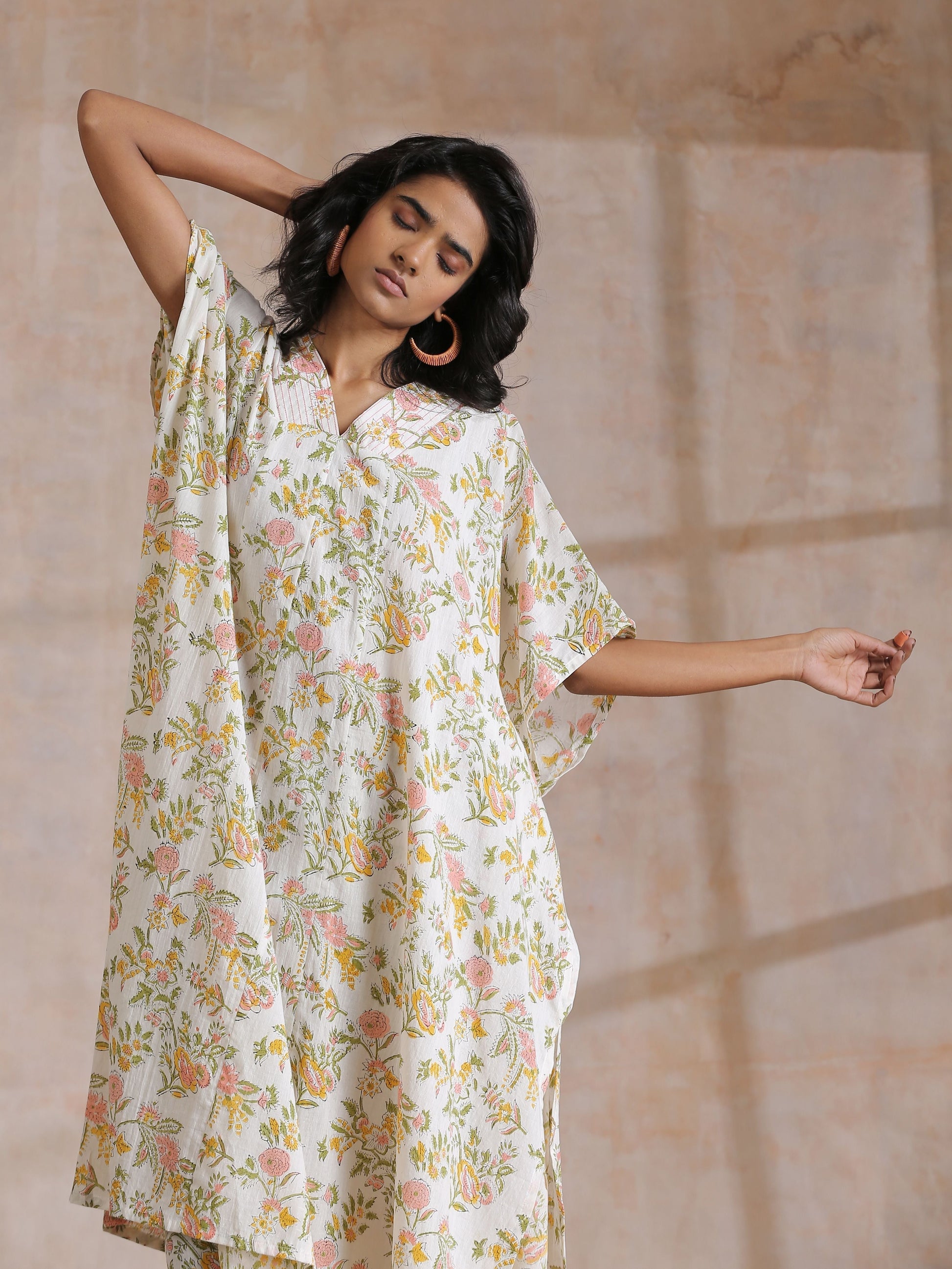 trueBrowns Pink Yellow Floral On White Block Print Cotton Panel Kaftan Kurta Pant Set 