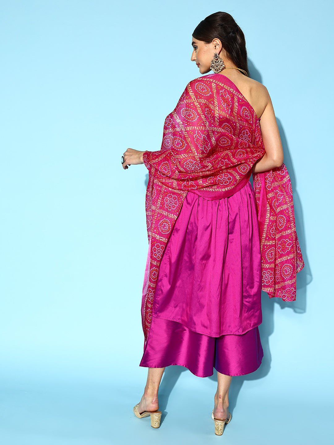 InWeave Purple Off Shoulder Silk Kurta Set -Pink Kota Bandhej Dupatta 