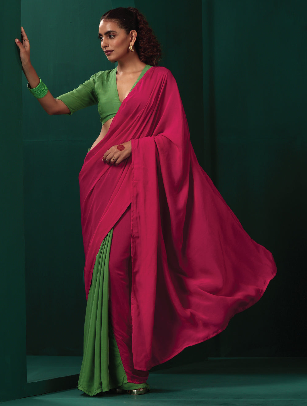 trueBrowns Green Muslin Silk Deep V-Neck Blouse | Swadesiicart