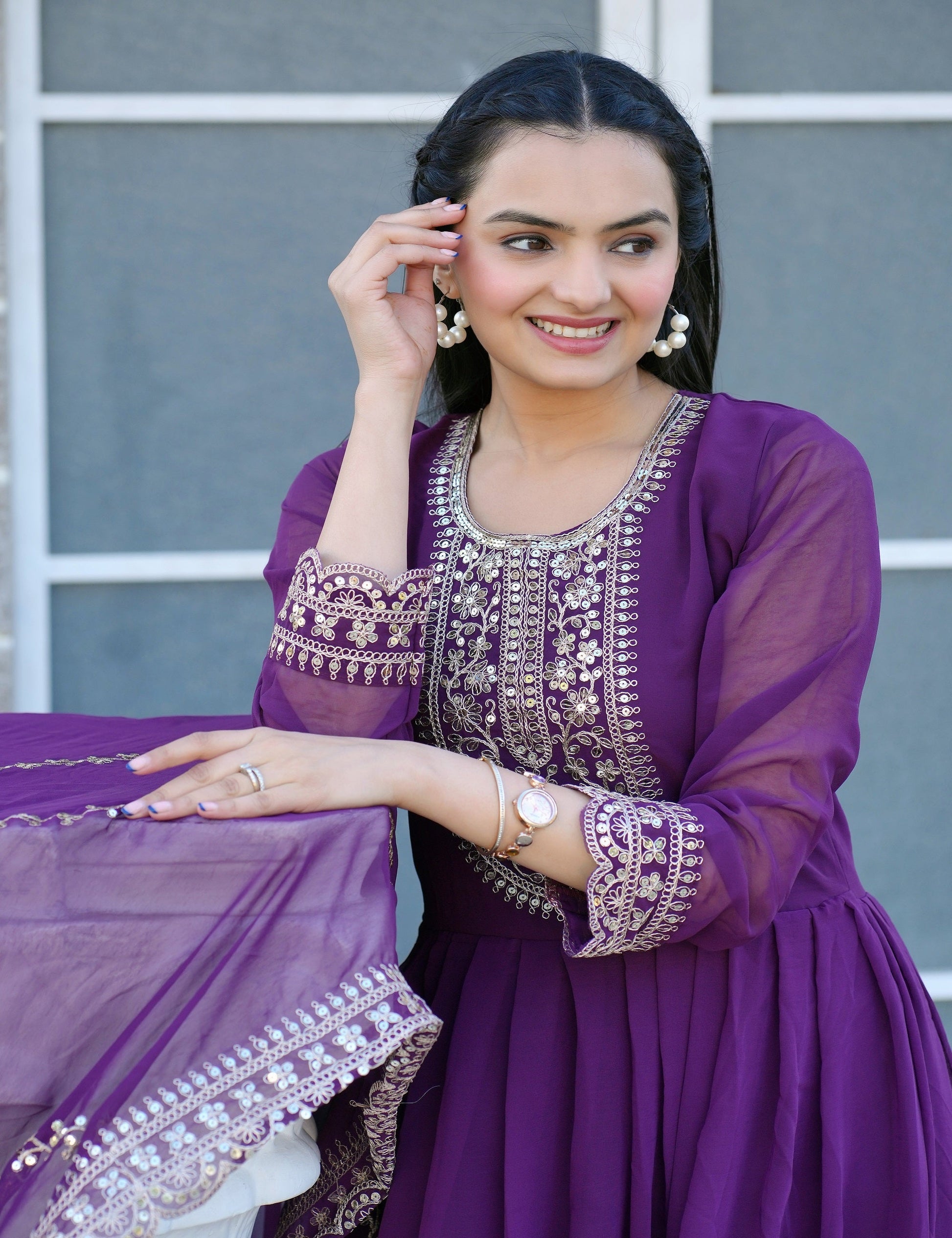 Teeya Creation Purple Color Georgette Silk Heavy Embroidery Work Fully Stitched Gown Set