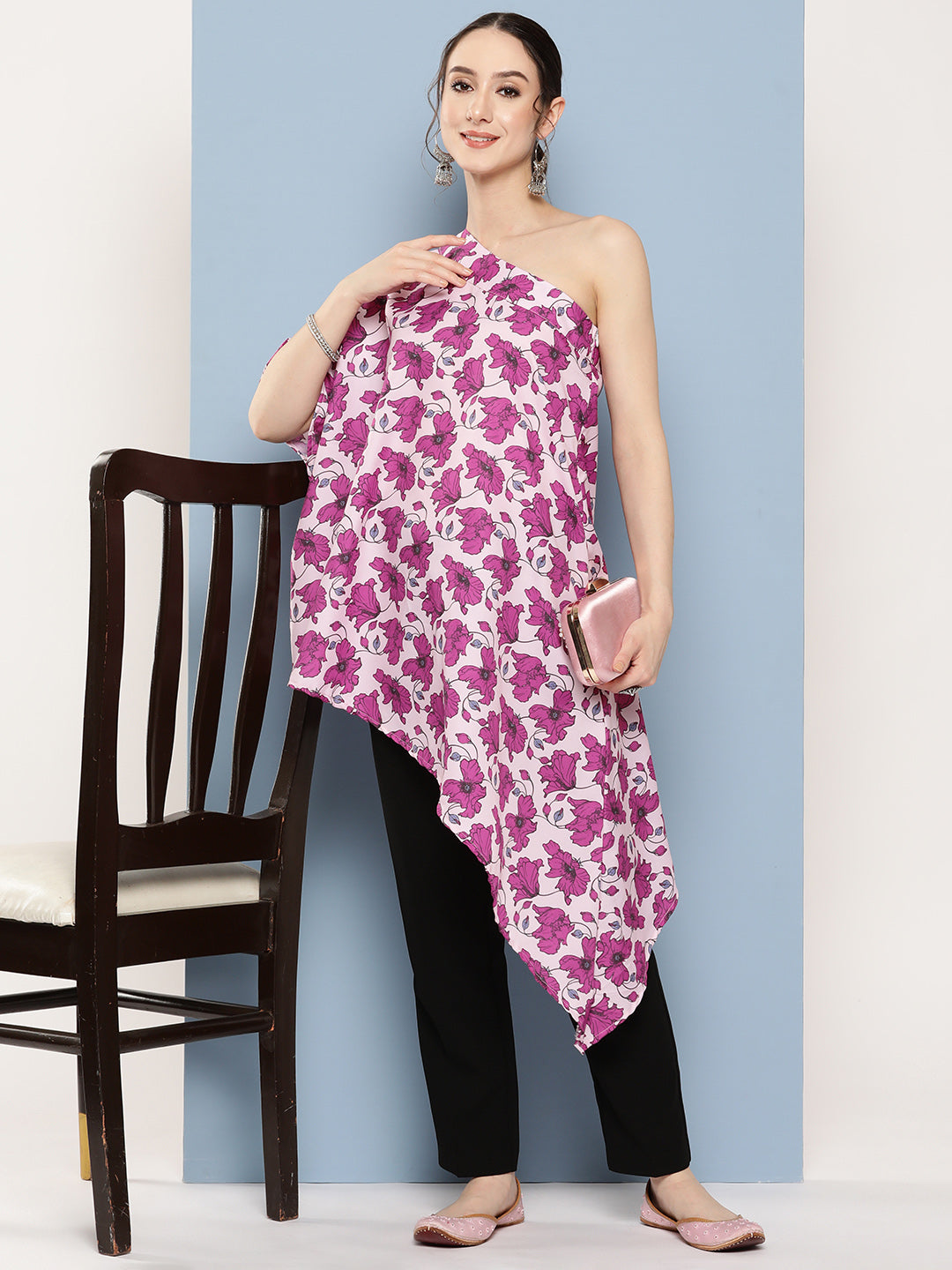 InWeave Women's Pink Fuchsia Japanese Art Oneshoulder Top 