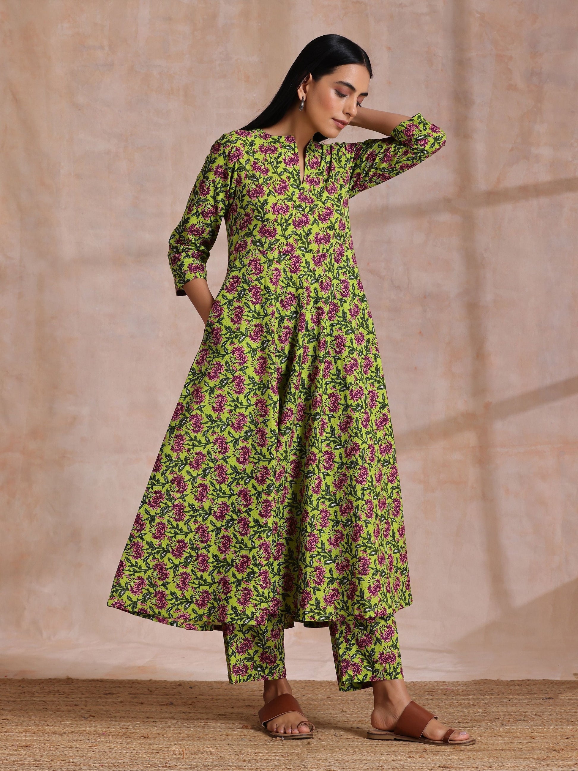 trueBrowns Lime Green Overall Pink Floral Block Print Cotton Flared Kurta Pant Set 