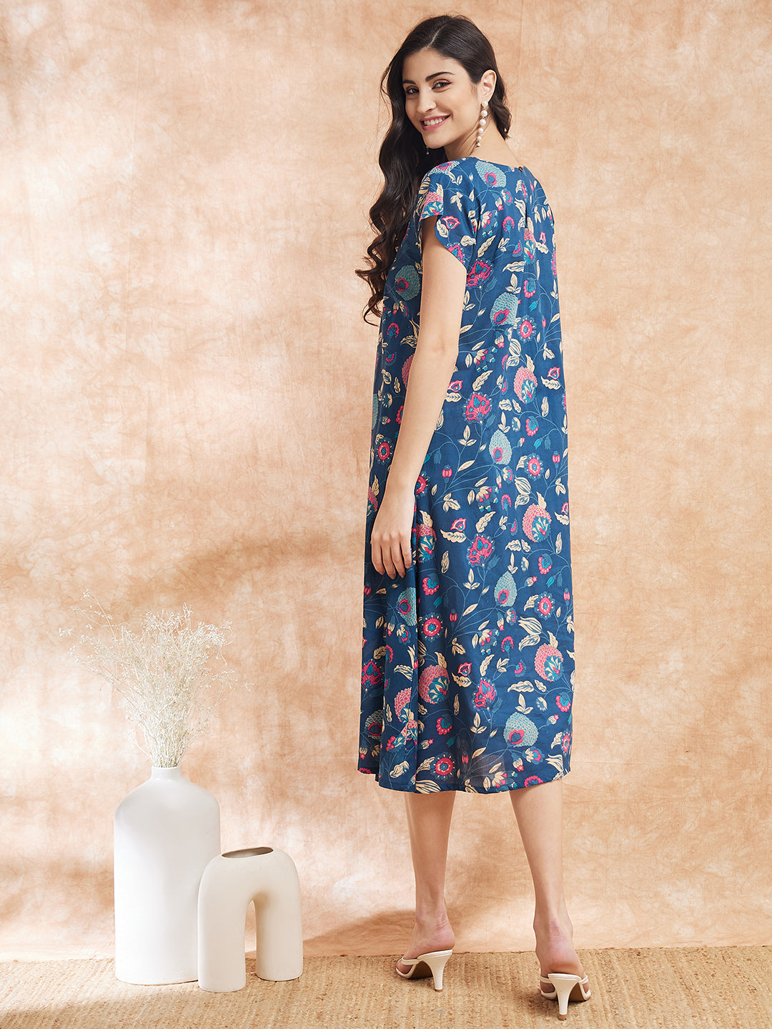 InWeave Women's Blue Pink Kalamkari A Line Dress 