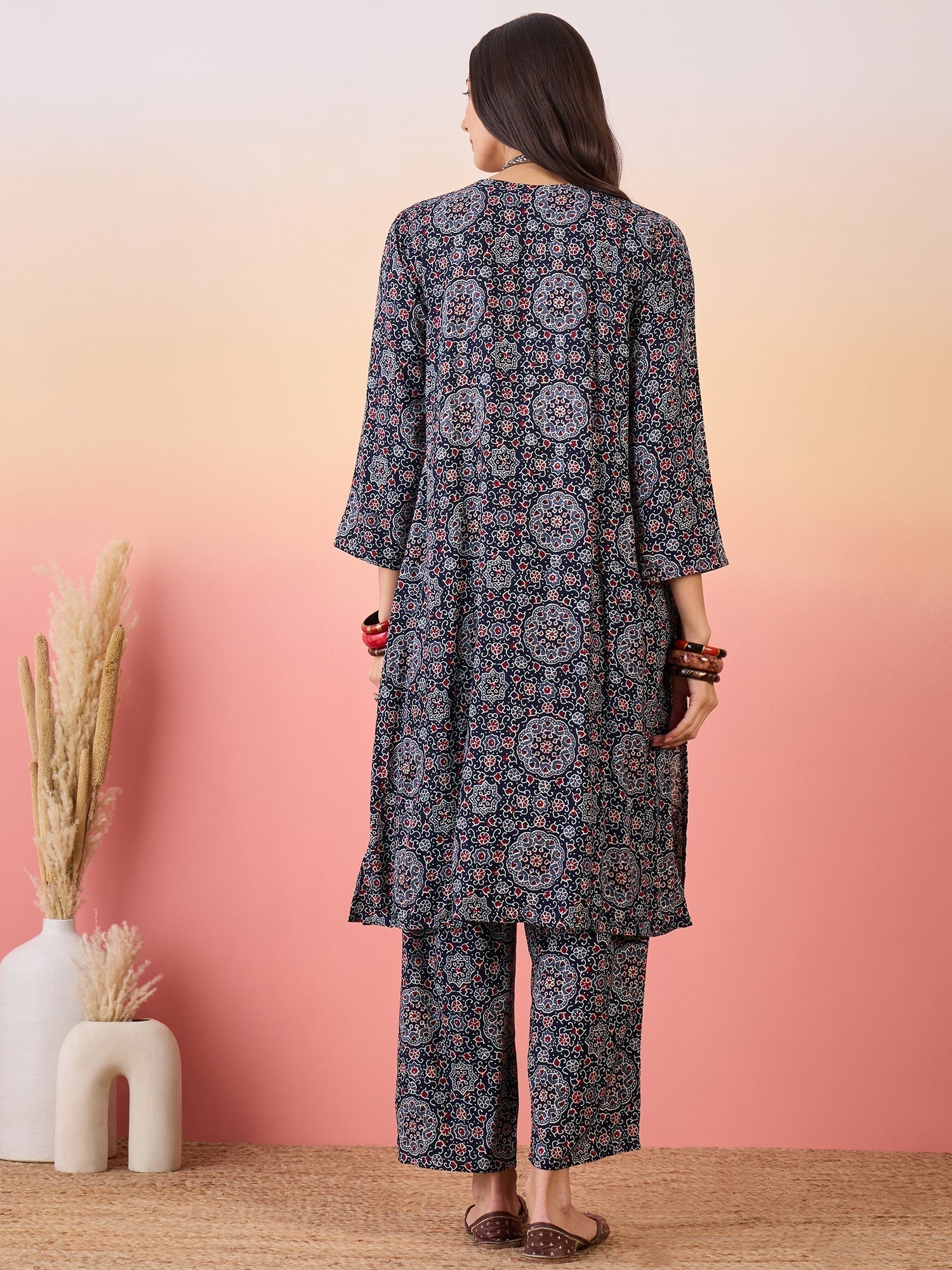 InWeave Navy Maroon Ajrakh Foil V Neck Kurta Pant Set 