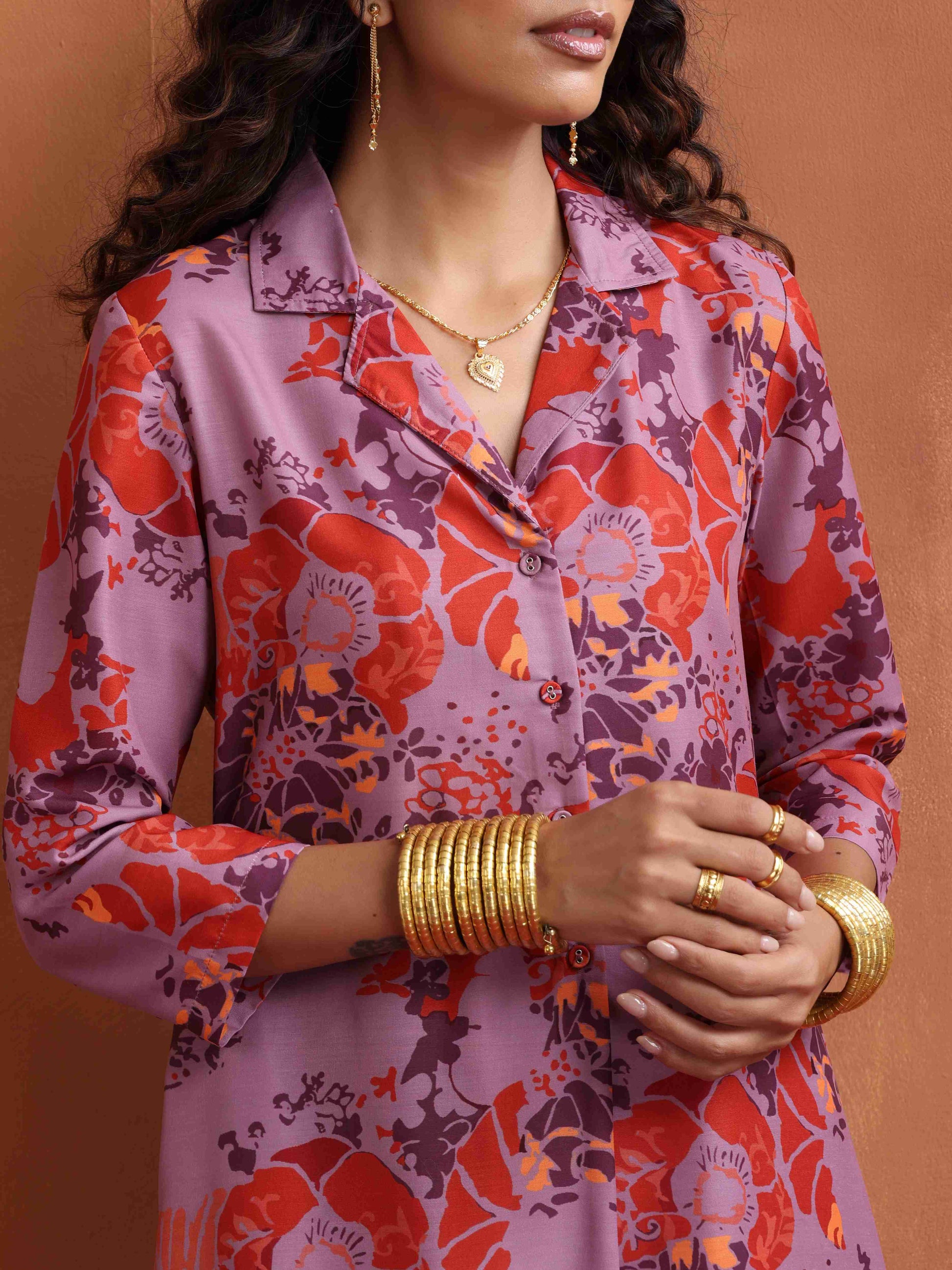 trueBrowns Purple Print Shirt Kurta Set 