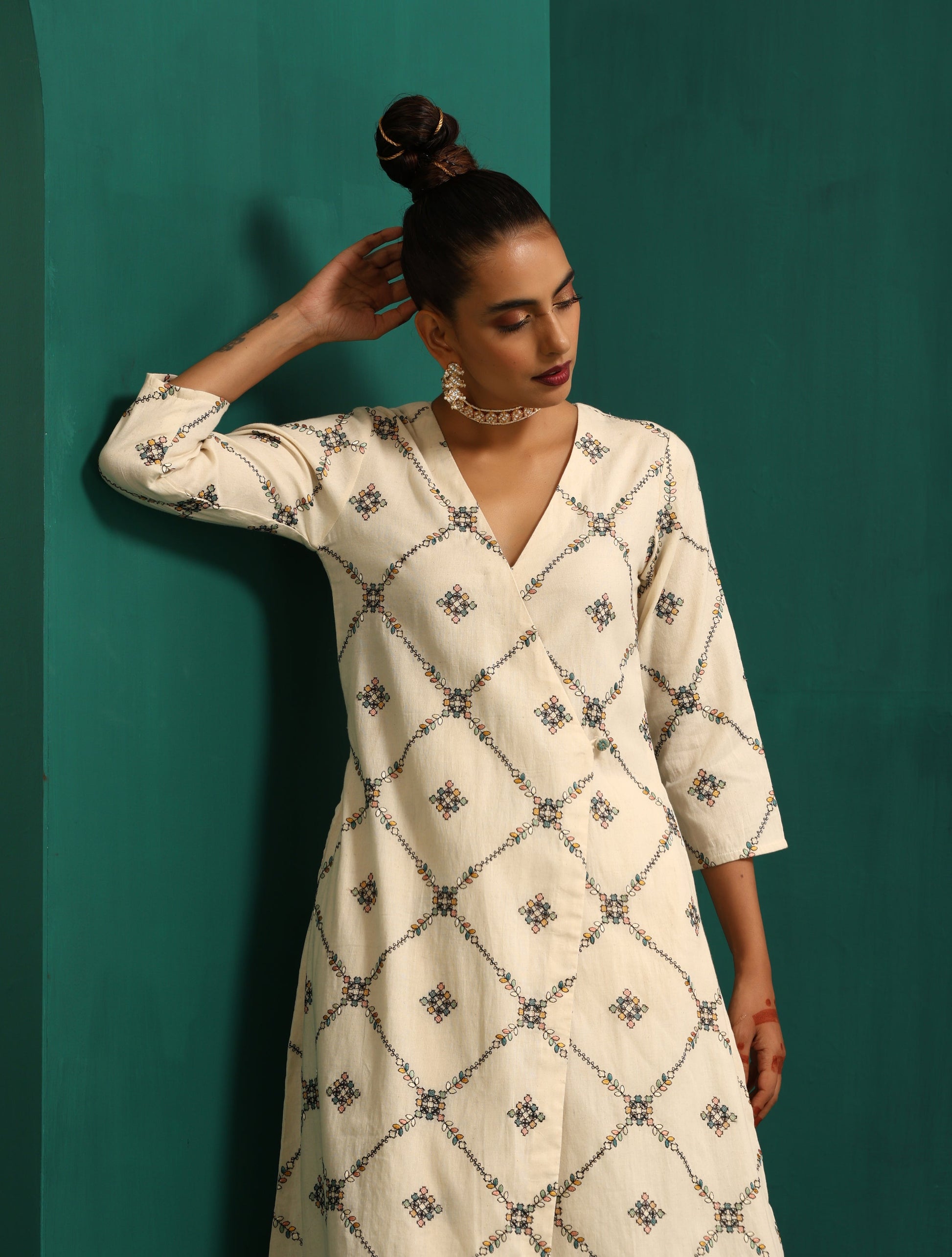 trueBrowns Ivory Rhombus Cotton Angrakha Kurta Pant Set 