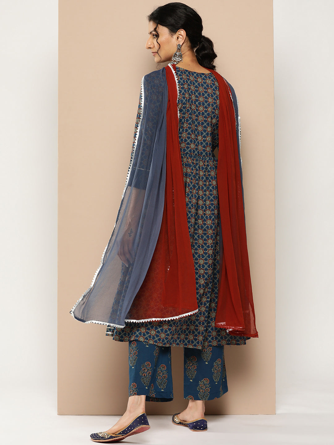 KSUT (House of Varanga) Blue And Rust Yoke Style Anarkali Paired With Printed Palazzo And Ombre Dupatta