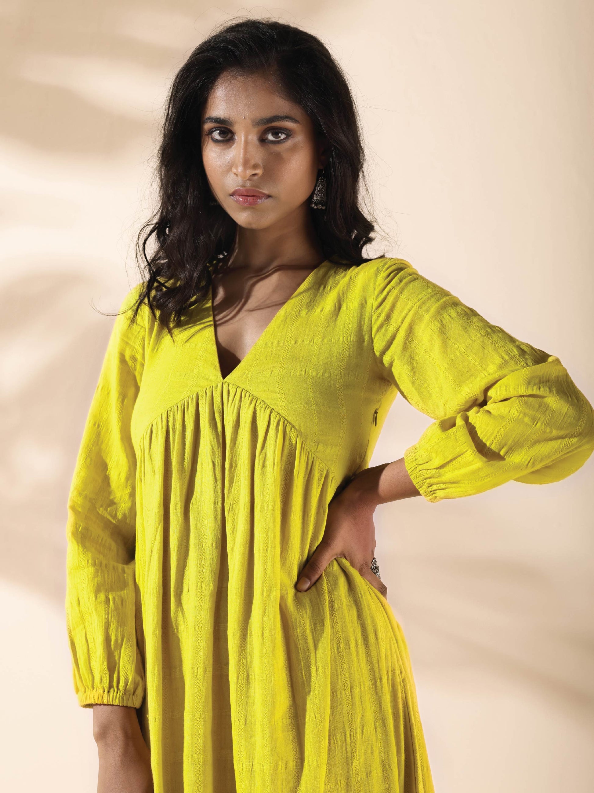 trueBrowns Lime Cotton Dobby Flared Dress 