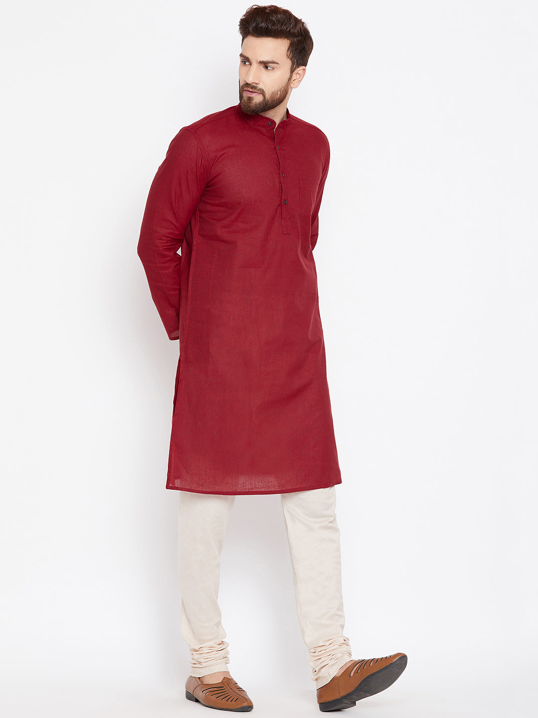 Even Apparels Maroon Pure Cotton Kurta With Band Collar 
