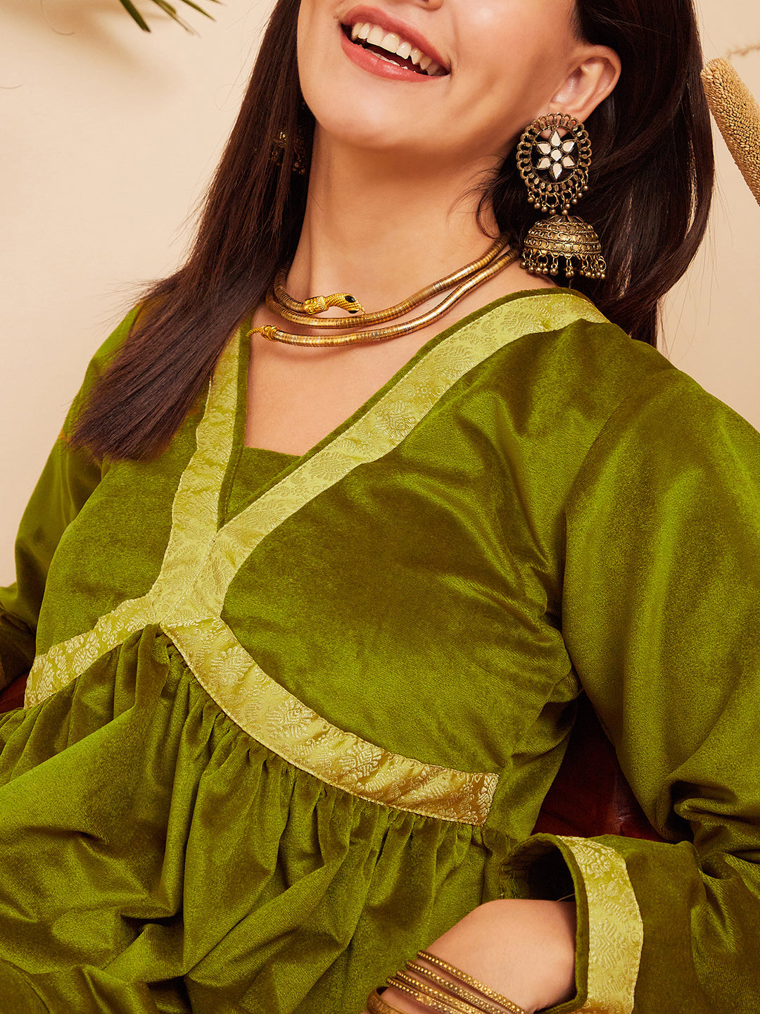 InWeave Women's Olive Mughal Shaan Style Velvet Short Kurta Set 