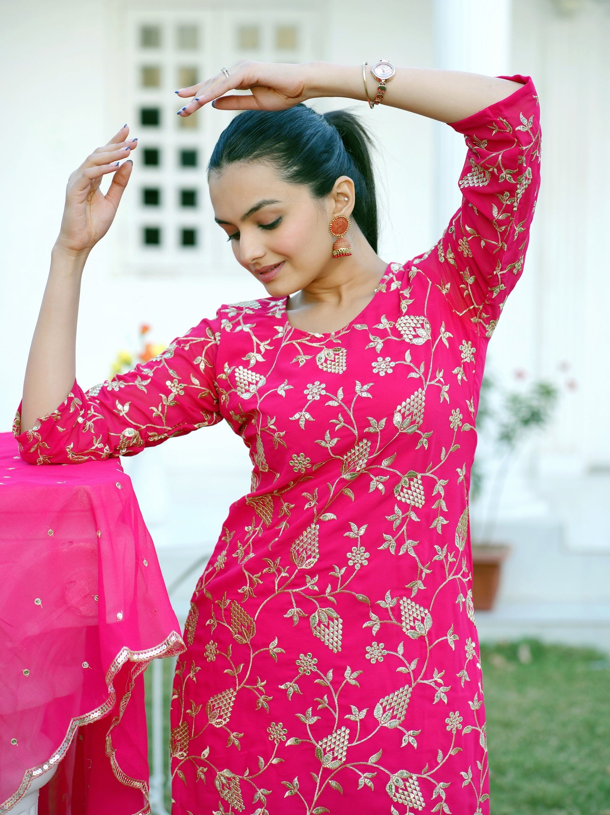 Teeya Creation Pink Color Faux Georgette Heavy Embroidery Work Fully Stitched Sharara Suit