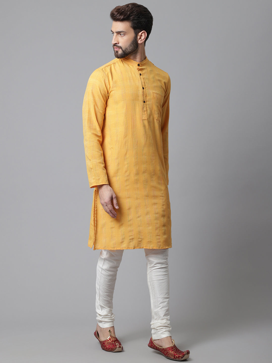 Even Apparels Yellow Kurta With Band Collar 