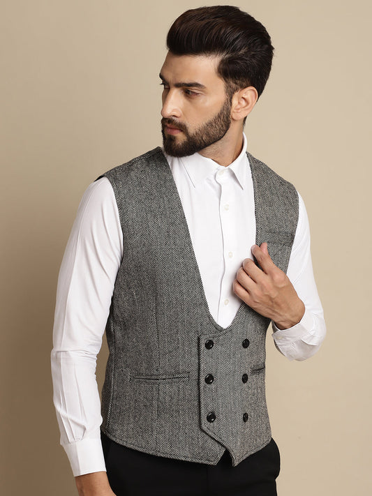 Even Apparels Men's Grey Woolen Double Breast Waistcoat - Grab2buy
