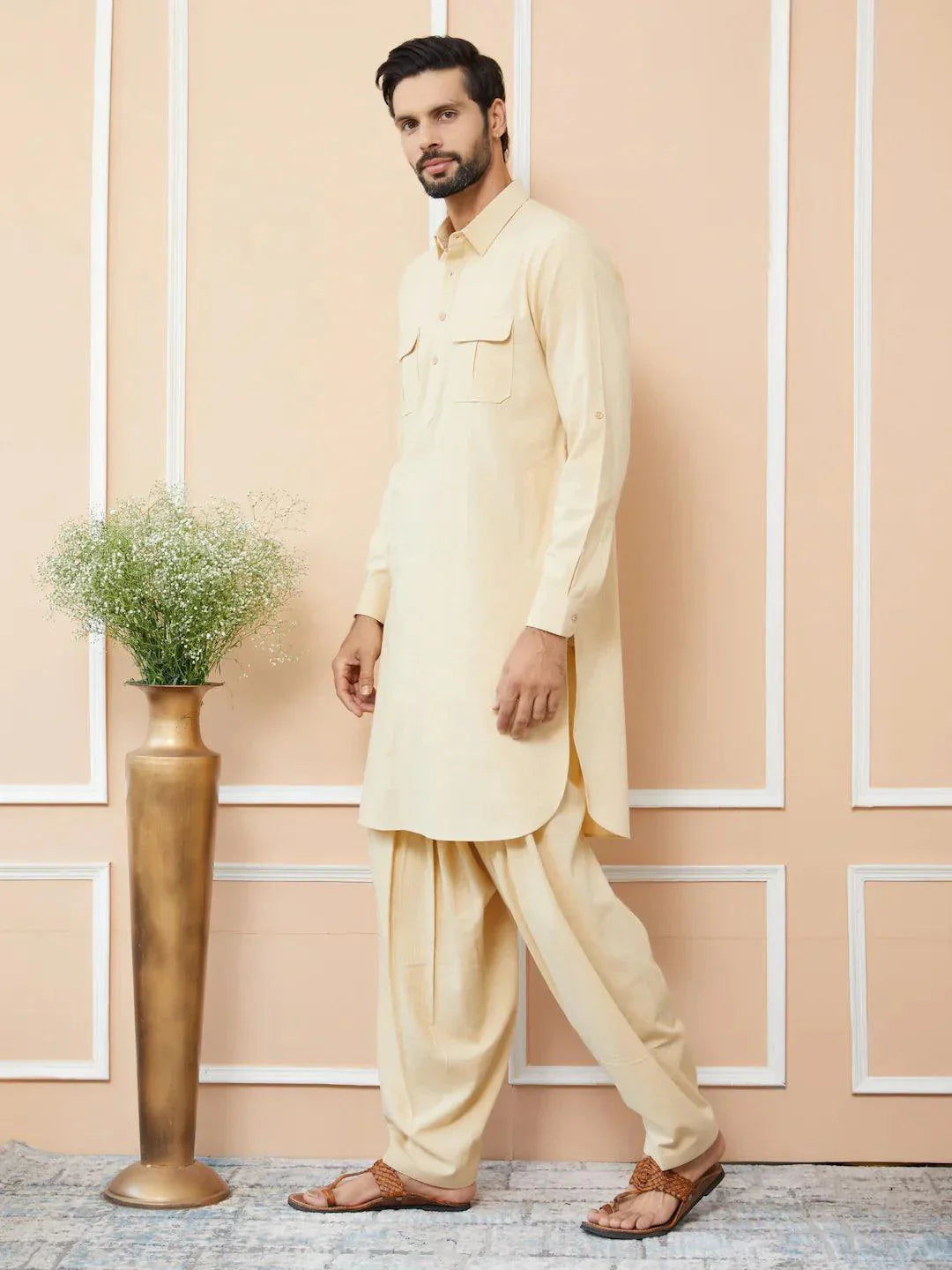 Fabmade Beige Cotton Linen Pathani Kurta With Salwar