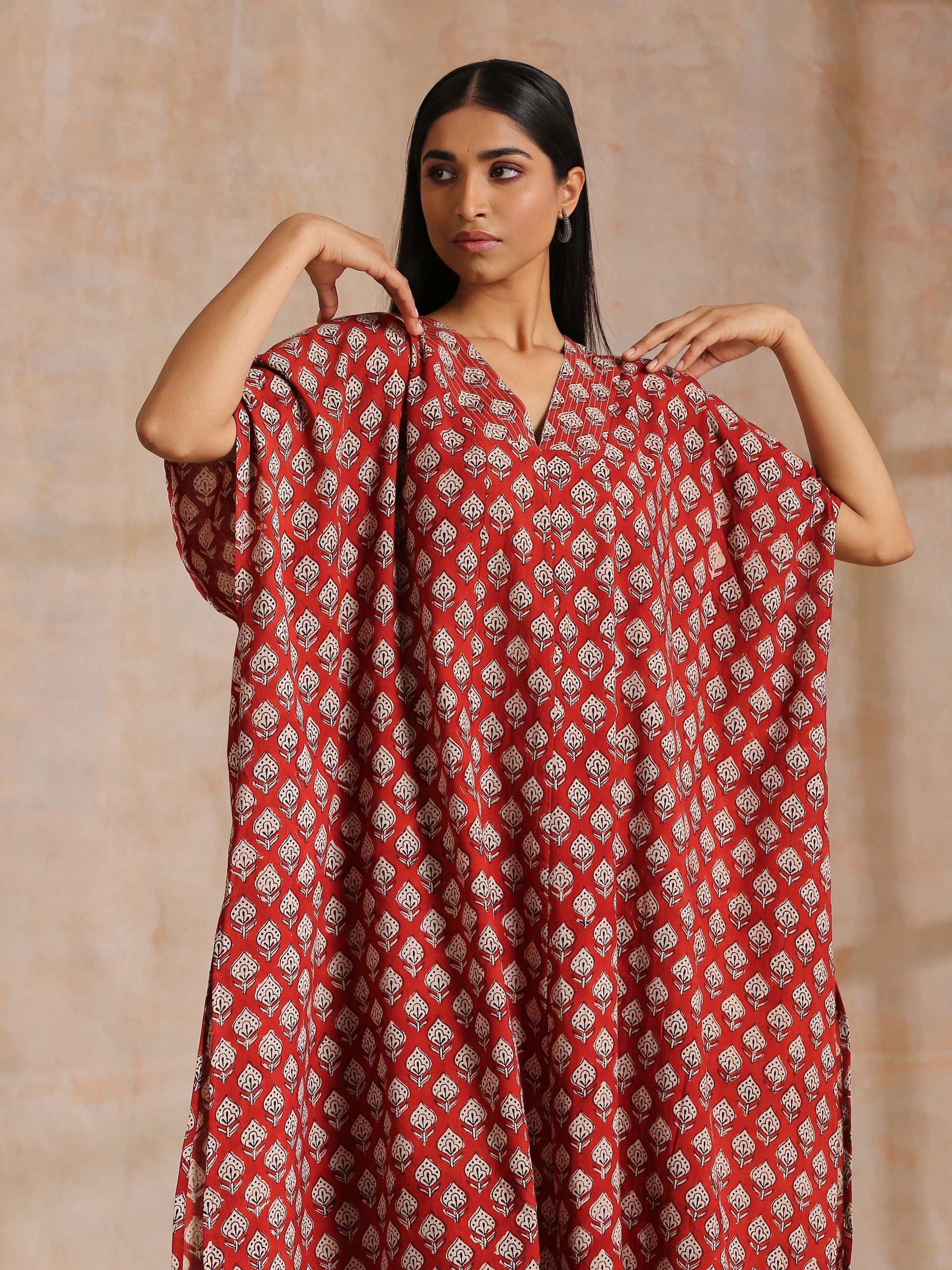 trueBrowns Rust Red Bagru Floral Print Cotton Panel Kaftan Kurta Pant Set 