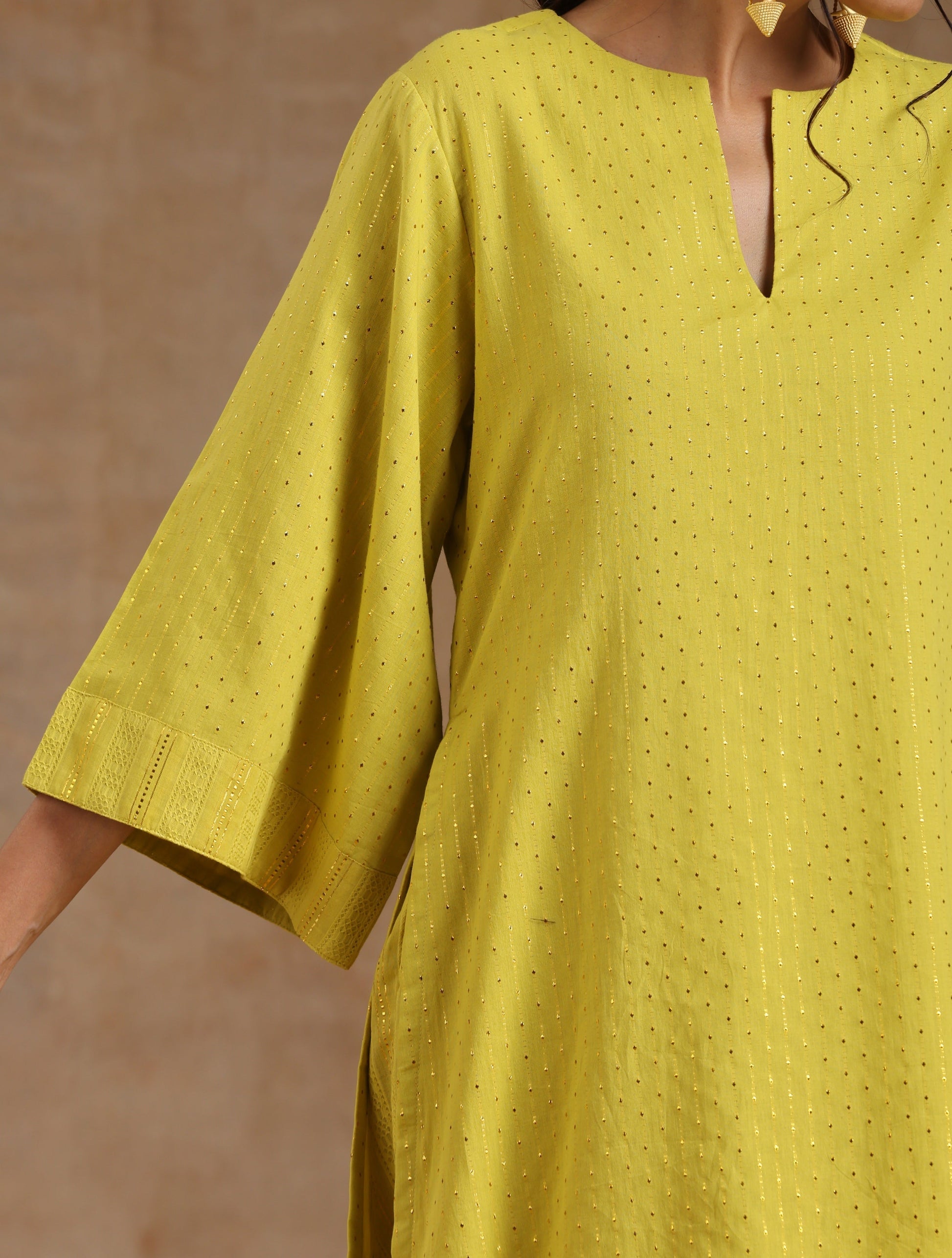 trueBrowns Lime Gold Cotton Relax High Slit Kurta Set 