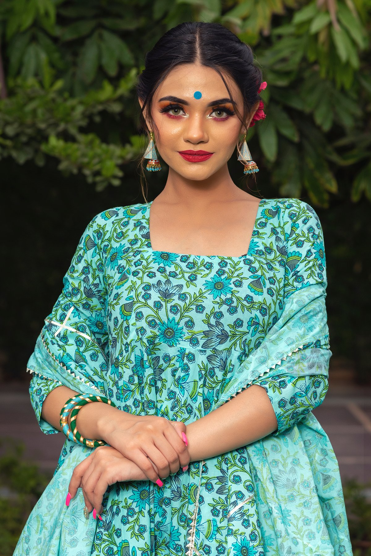 Pomcha Jaipur Morni Hand Block Cotton Anarkali Set 