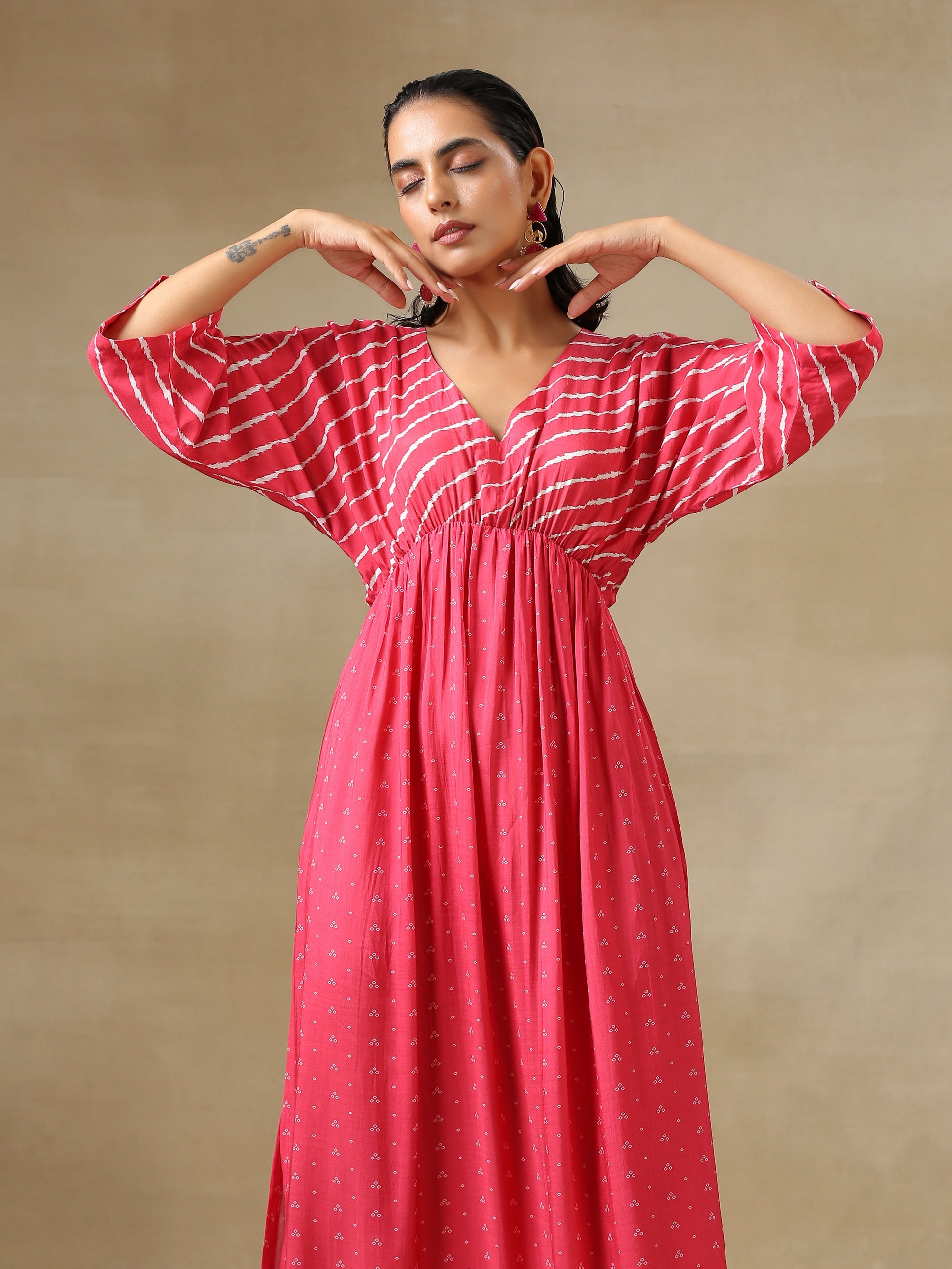 trueBrowns Pink Bandhani Printed Silk Drop Shoulder Dress 