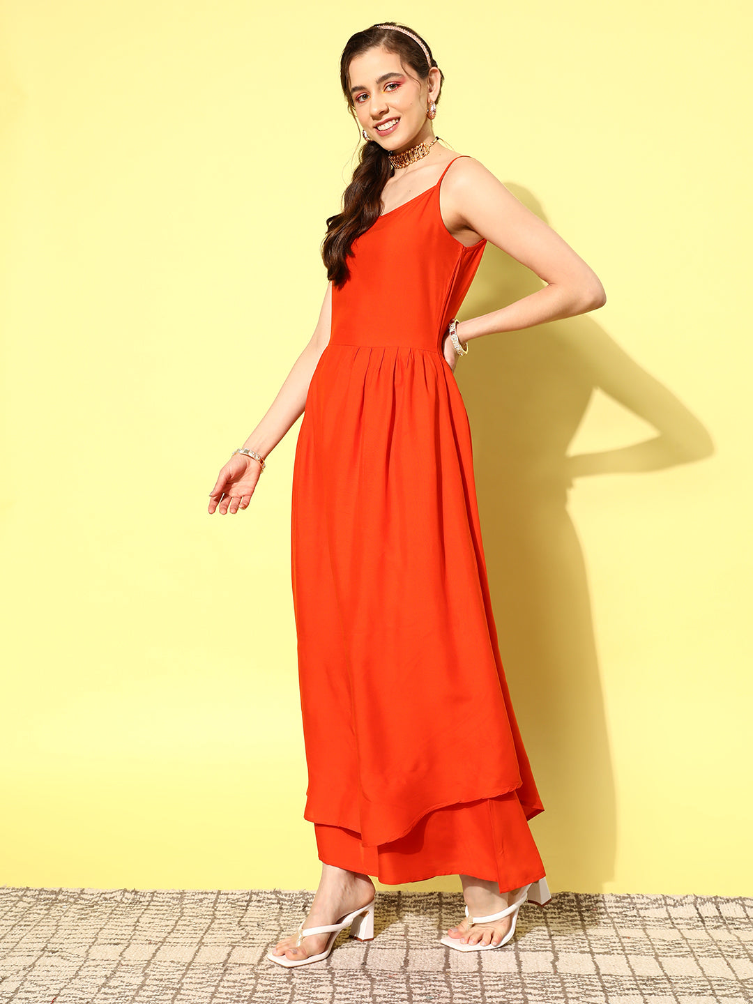 InWeave Women's Orange Strappy Set W Green Organza Cape 