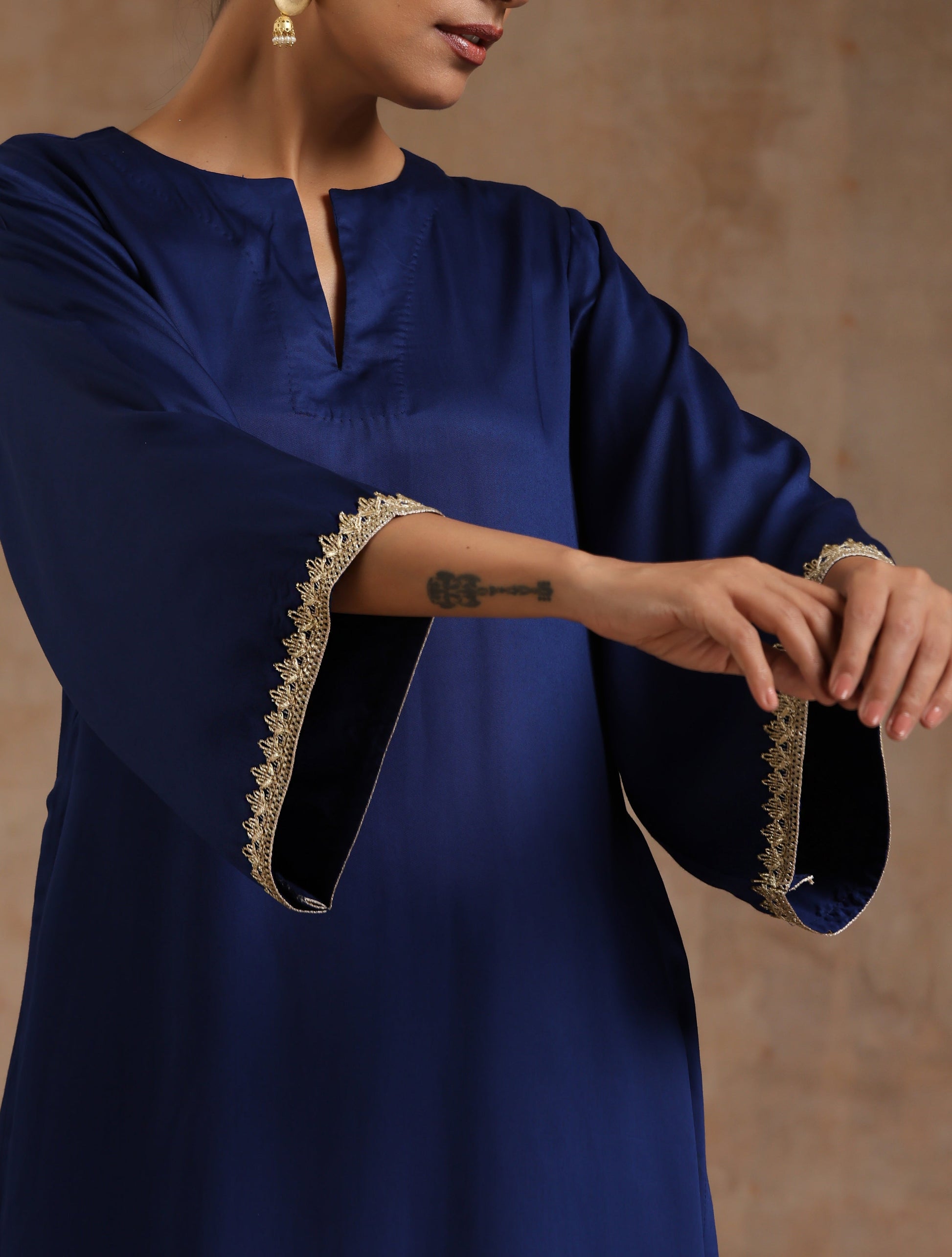 trueBrowns Midnight Blue Modal Satin Relax Kurta Set 