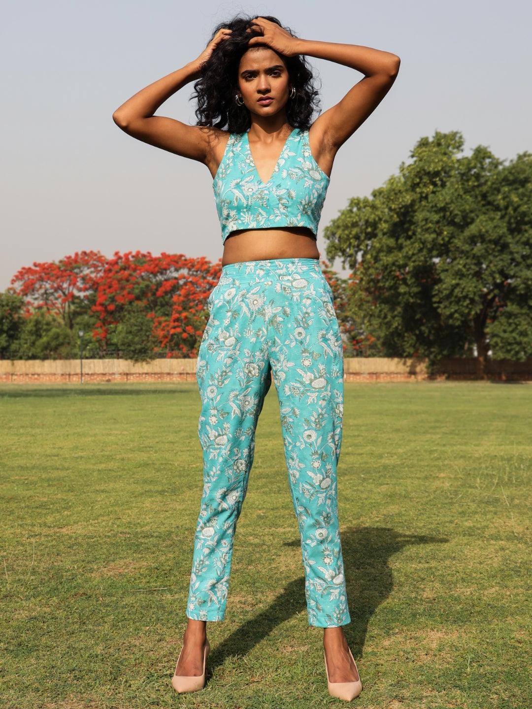 trueBrowns Turquoise Cotton Block Print Pant Suit Set 