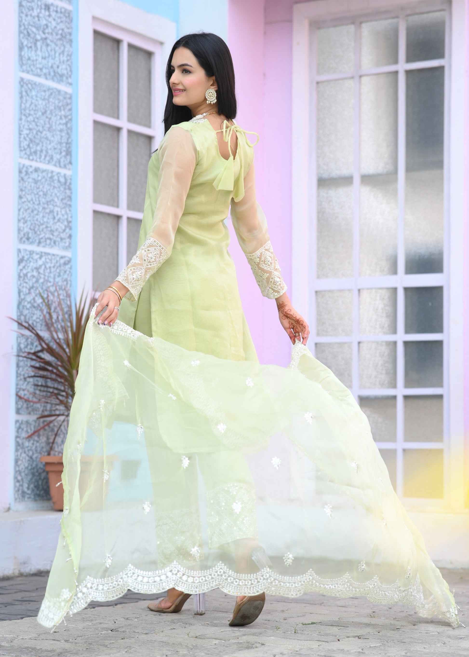 Teeya Creation Pista Color Organza Silk Heavy Embroidery Work Fully Stitched Salwar Suit