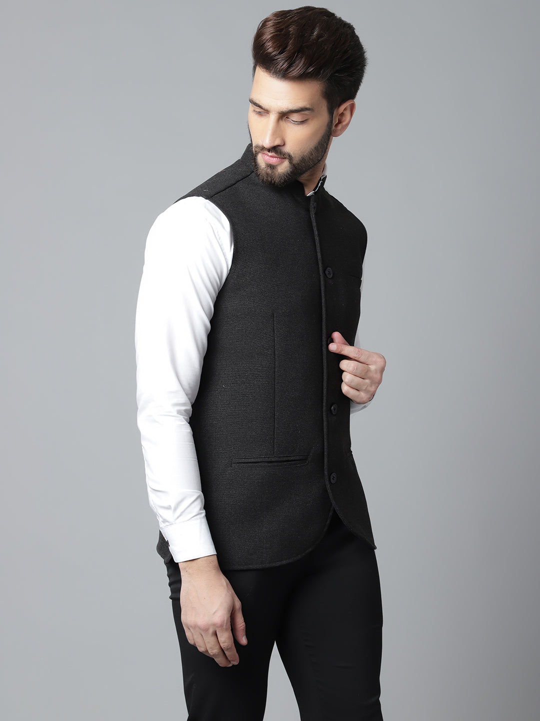 Even Apparels Men's Black Pure Wool Nehru Jacket 