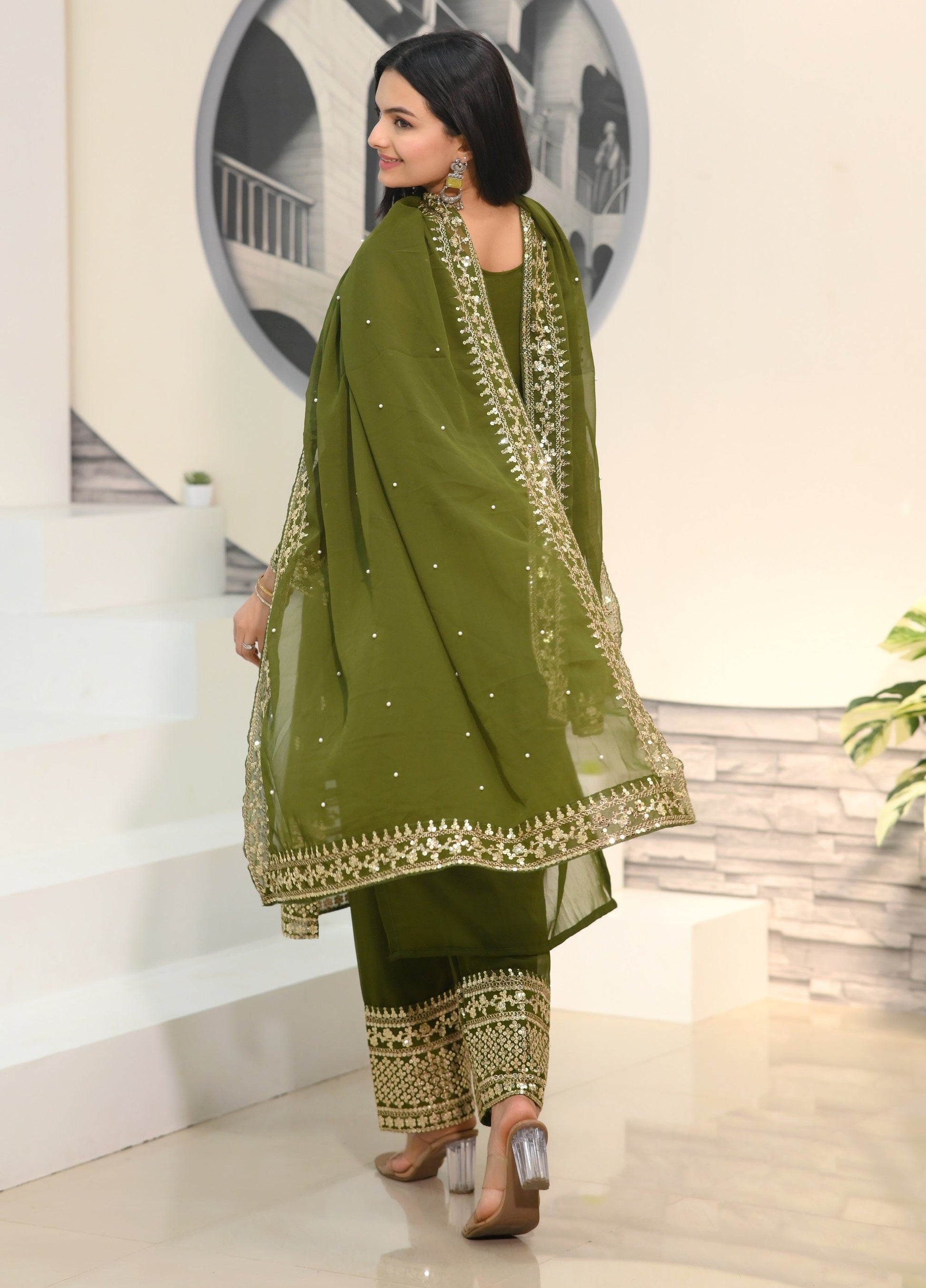 Teeya Creation Mehndi Color Faux Georgette Silk Heavy Embroidery Work Fully Stitched Salwar Suit