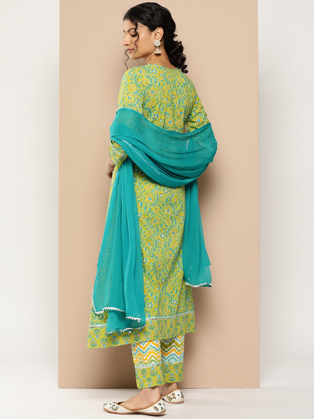 KSUT (House of Varanga) Green Floral Printed A-Line Kurta Paired With Printed Palazzo And Chiffon Dupatta