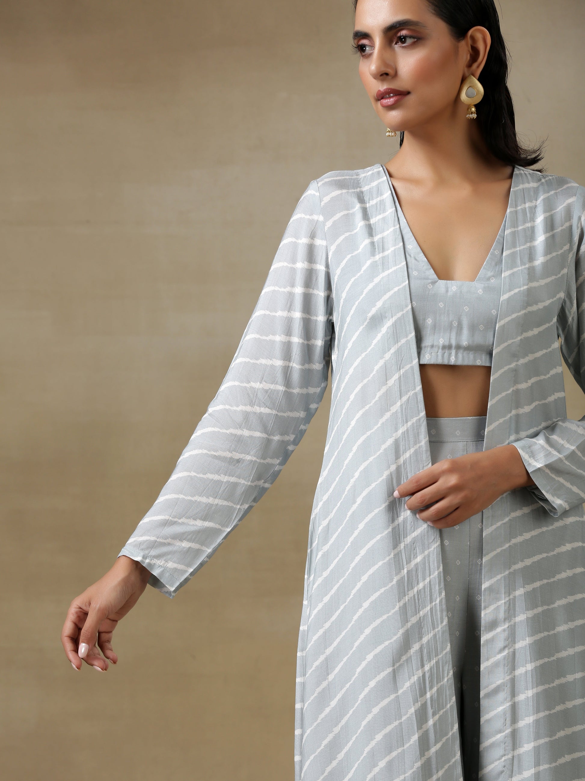trueBrowns Grey Bandhani Printed Silk Overlay Jacket Blouse Pant Set 