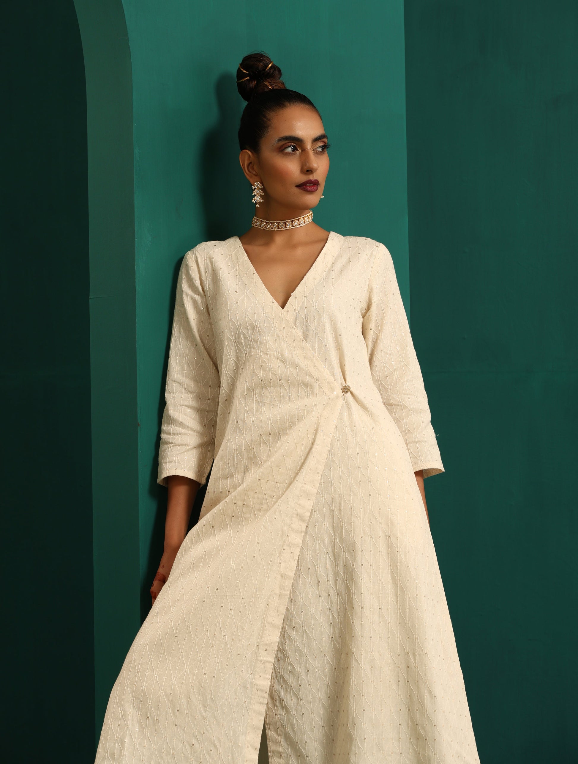 trueBrowns Ivory Tonal Cotton Angrakha Kurta Pant Set 