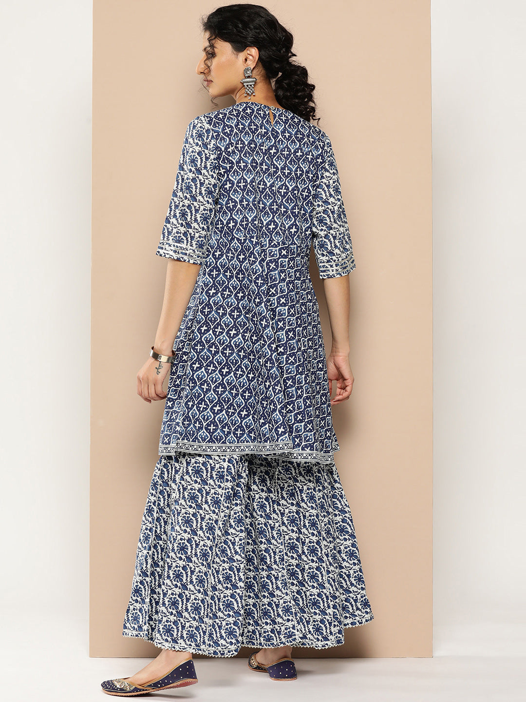 KSUT (House of Varanga) Indigo And White Floral Printed Flared Kurta Sharara Set