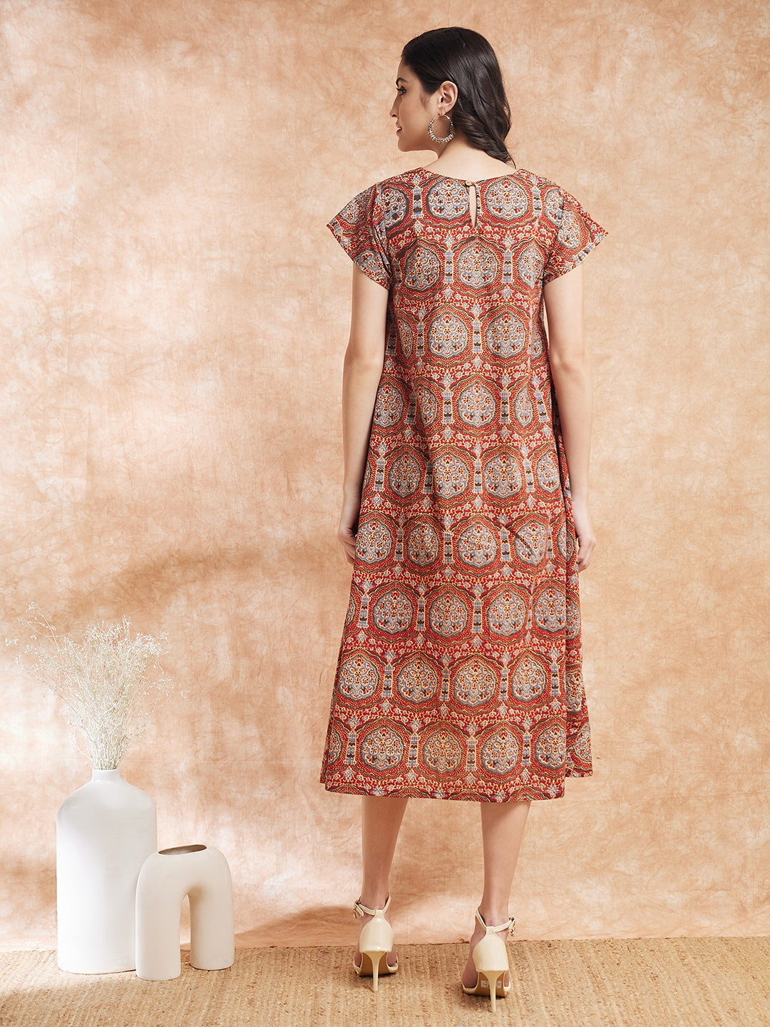 InWeave Women's Maroon Mughal Kalamkari A Line Dress 