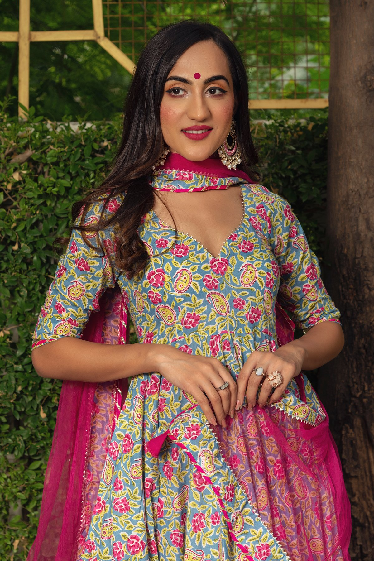 Pomcha Jaipur Jaipuri Hand Block Cotton Anarkali Set 