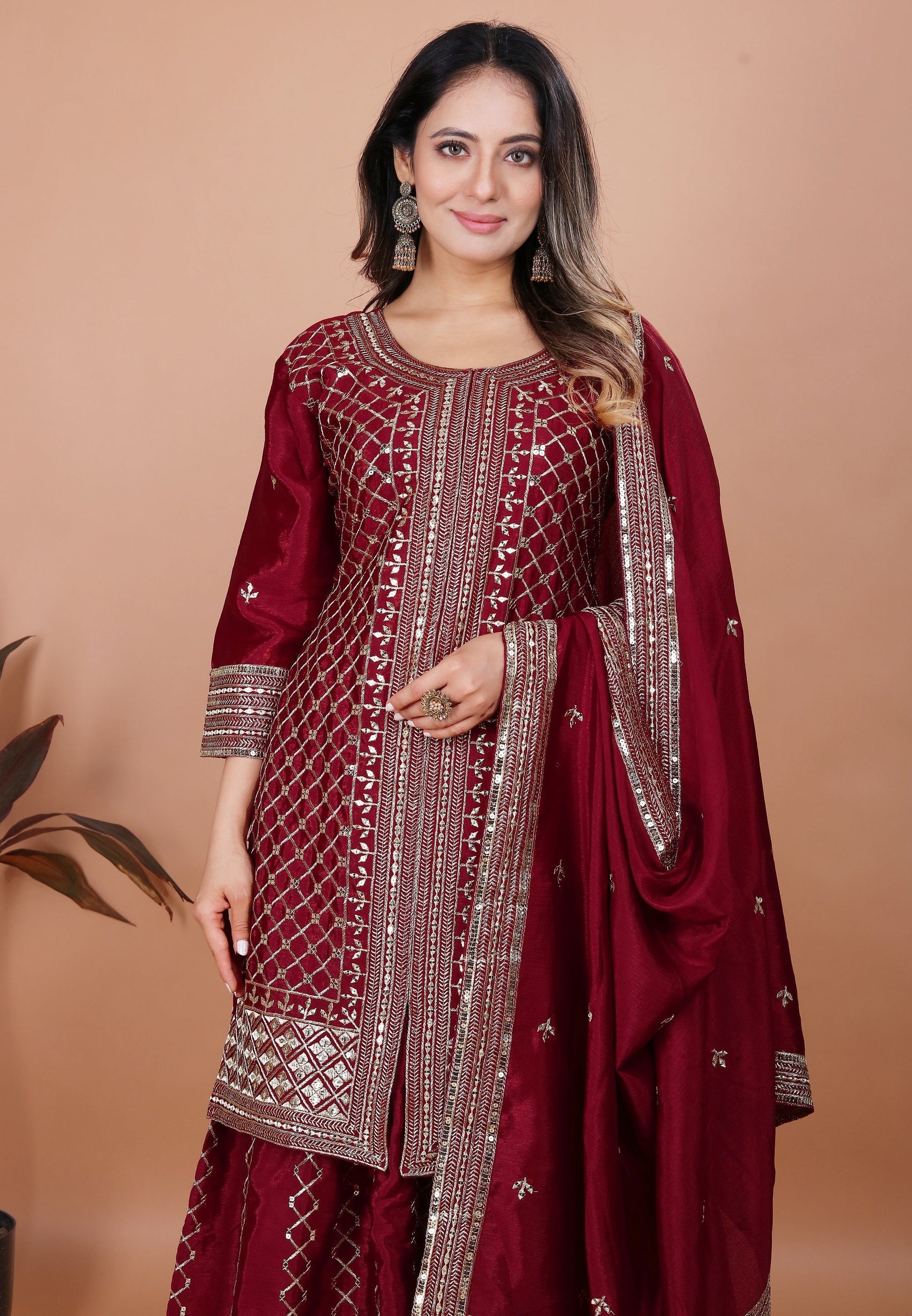 Yash Enterprise Maroon Chinon Silk Party Wear Embroidery Suit Set  Grab2Buy Yash Enterprise Grab2Buy
