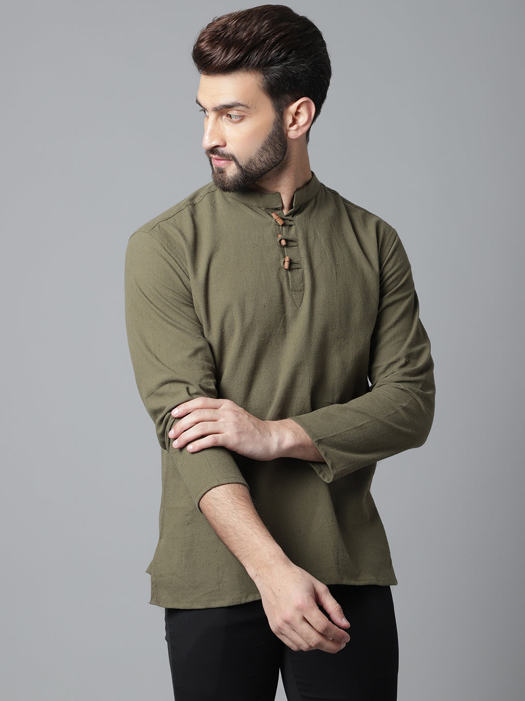 Indian Clothing Even Apparels Green Pure Cotton Kurta With Band Collar 