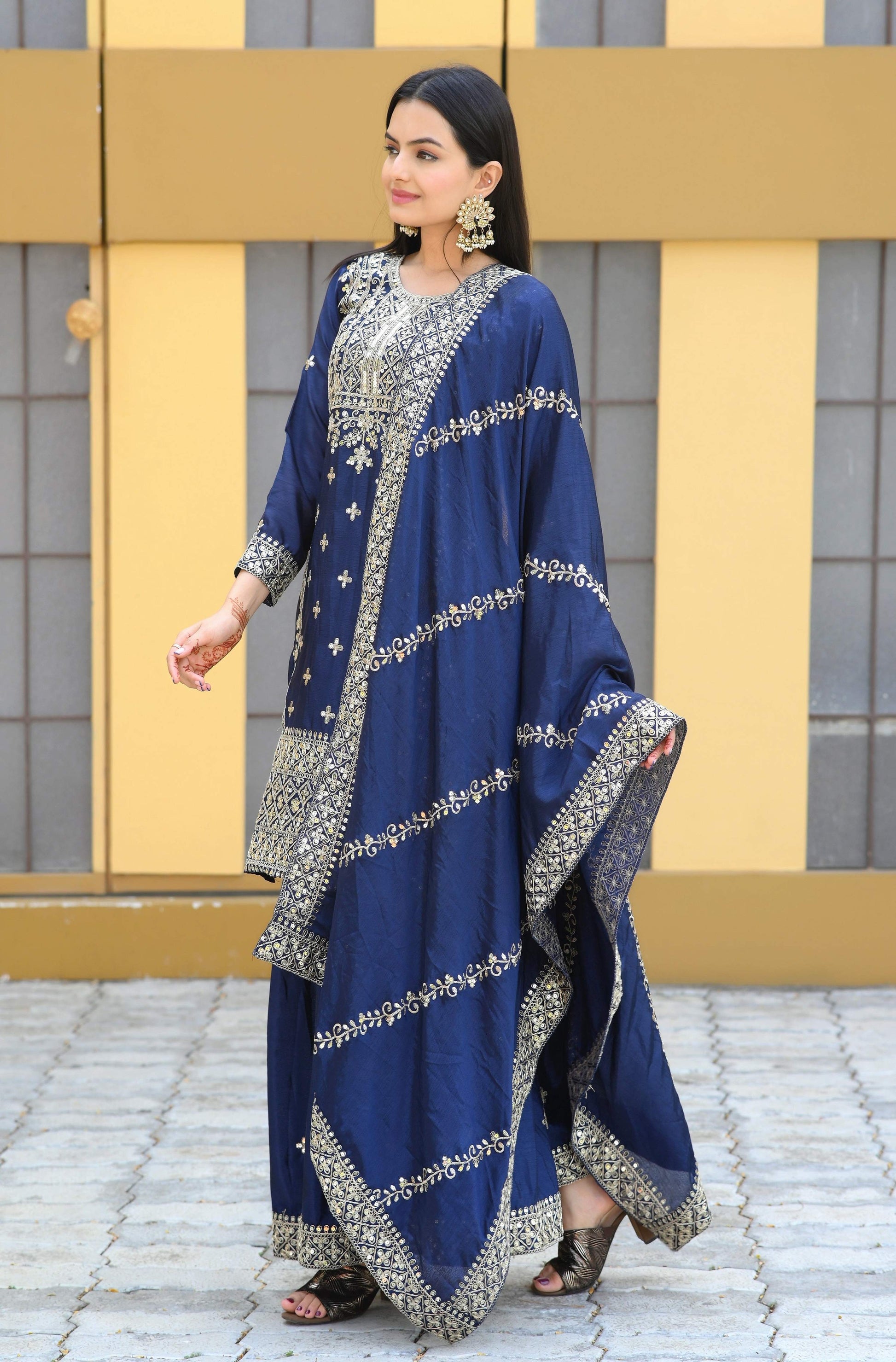 Teeya Creation Blue Color Chinon Silk Heavy Embroidery Work Fully Stitched Salwar Suit