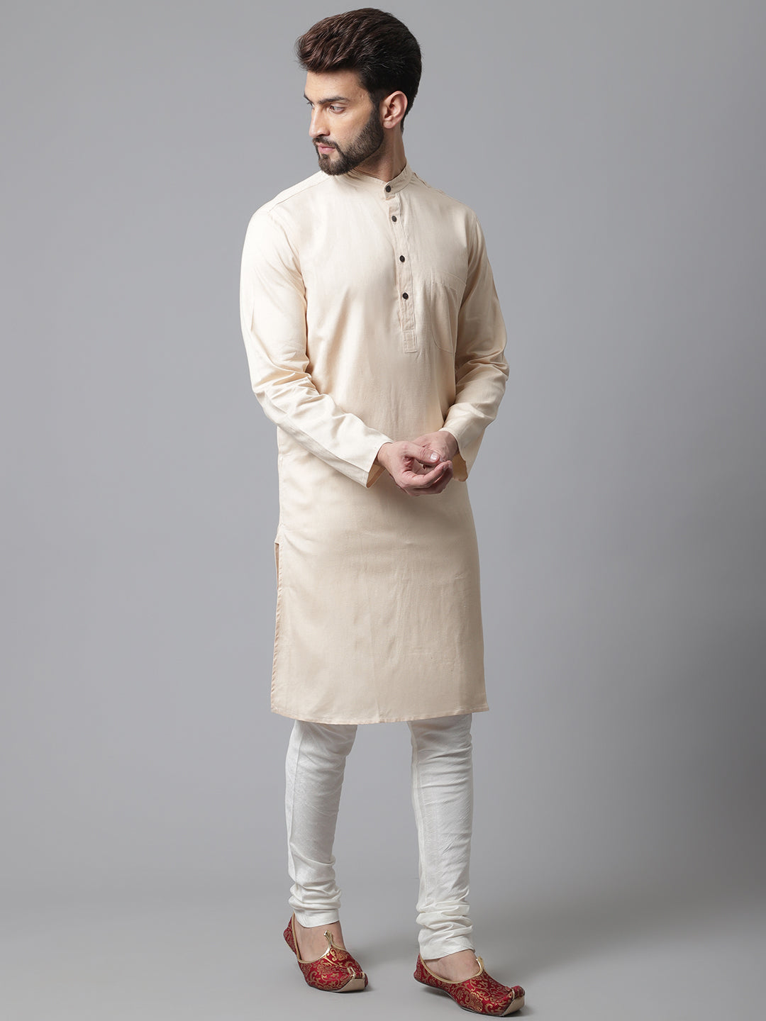 Even Apparels Cream Pure Cotton Kurta With Band Collar 