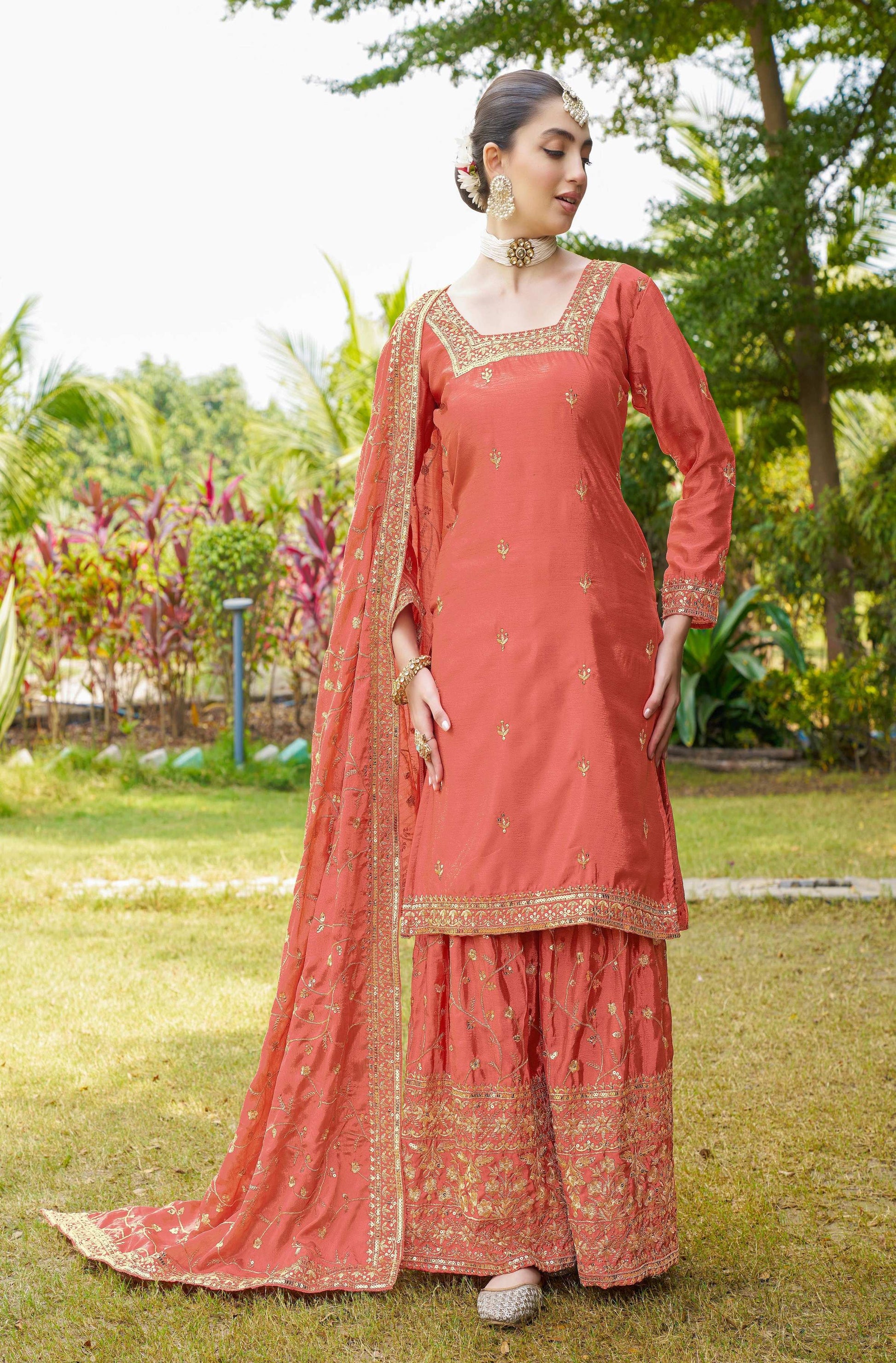 Teeya Creation Orange Color Chinon Silk Heavy Embroidery Work Fully Stitched Salwar Suit