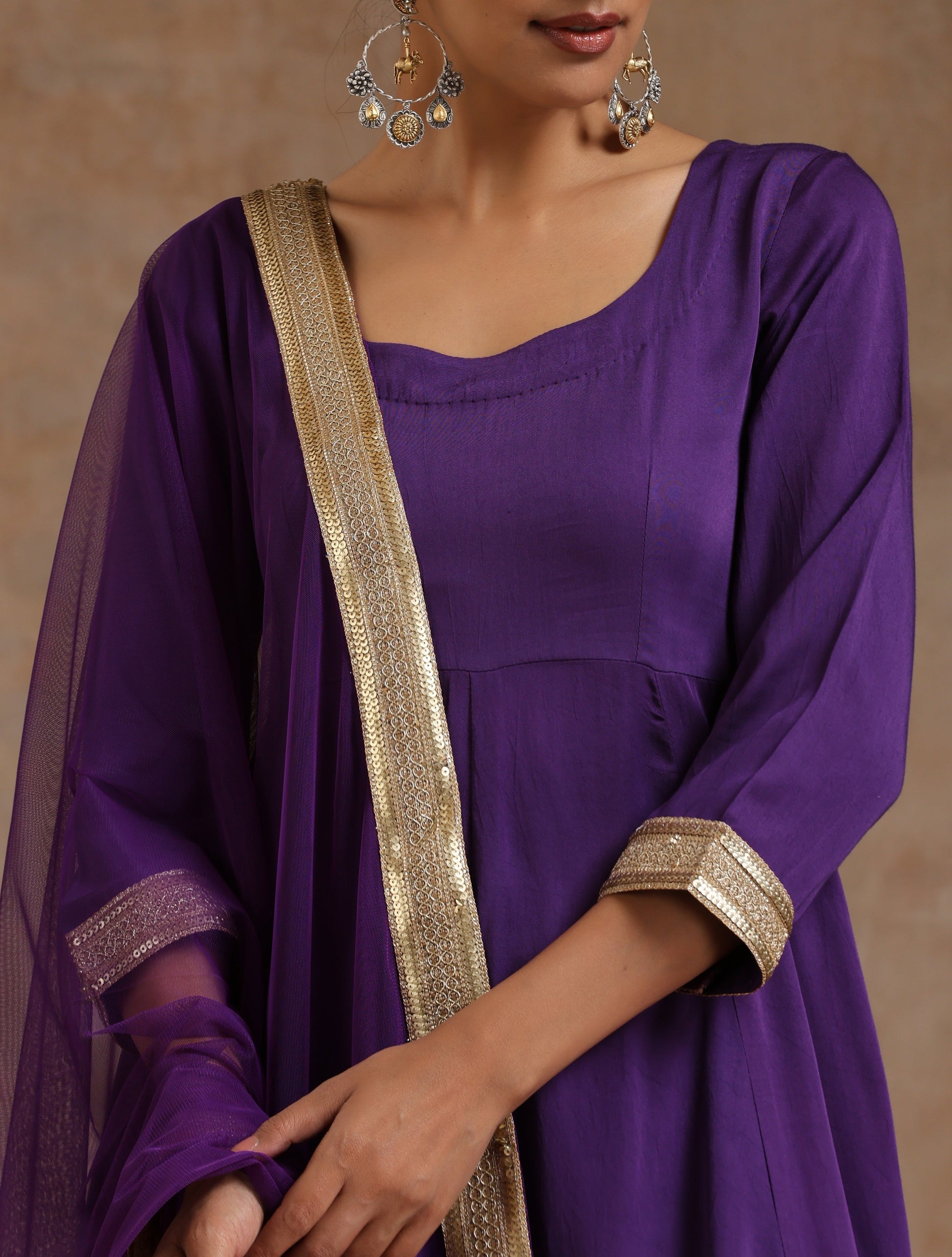 trueBrowns Violet Modal Satin Anarkali Set 