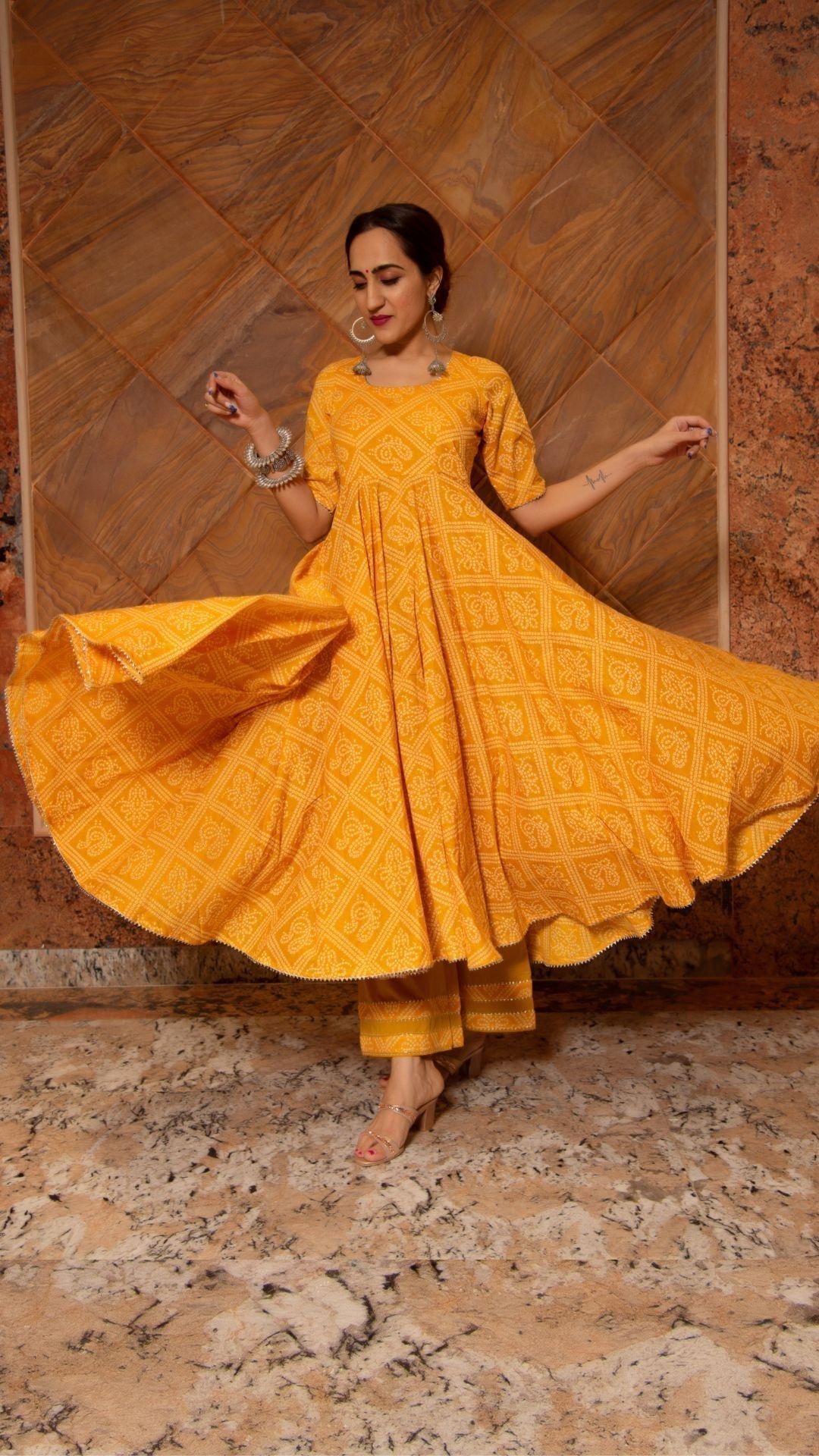 Pomcha Jaipur Bandhej Yellow Cotton Anarkali Set 